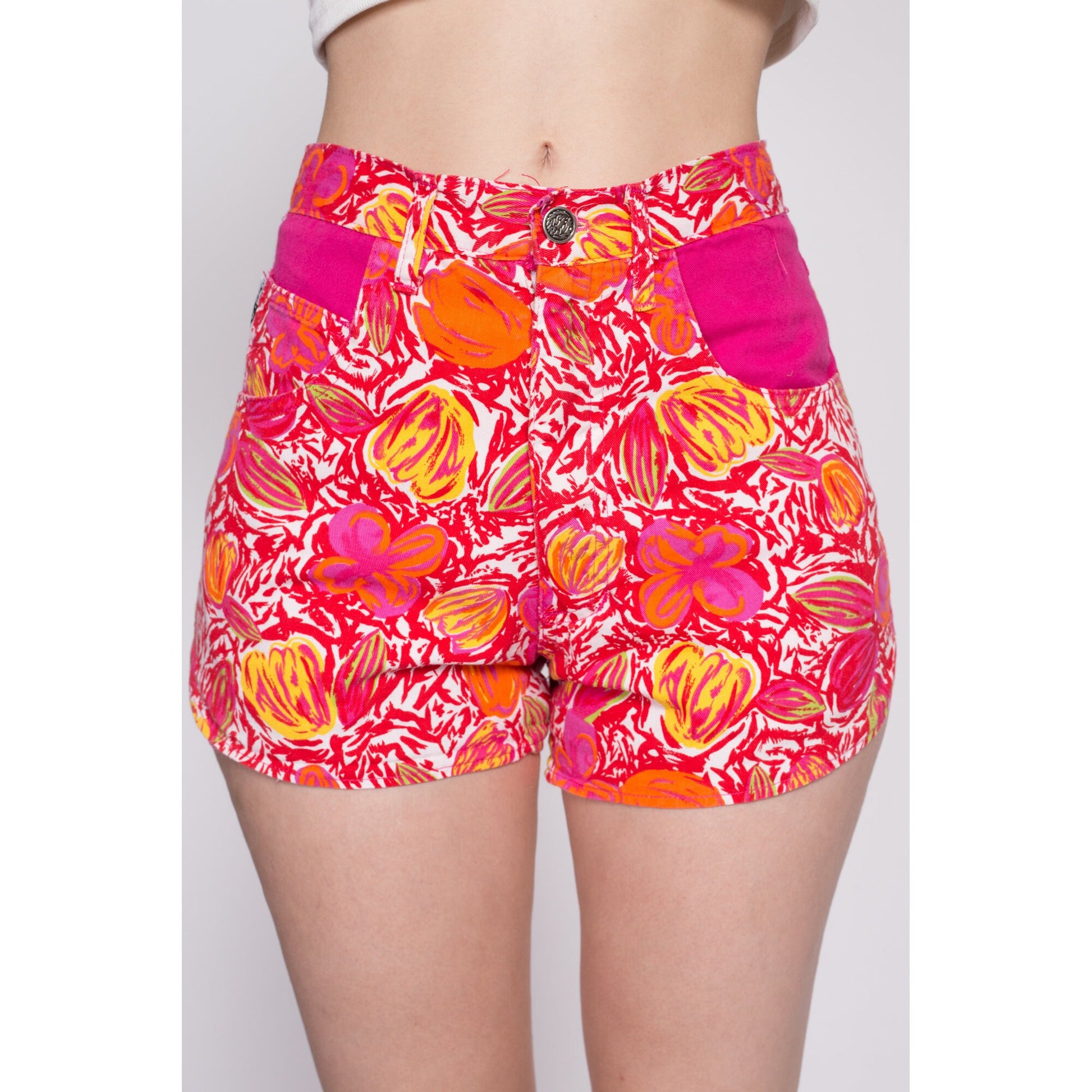 90s Hot Pink Floral Shorts - XS to Small | Vintage High Waisted Cotton Denim Retro Mini Cheeky Shorts
