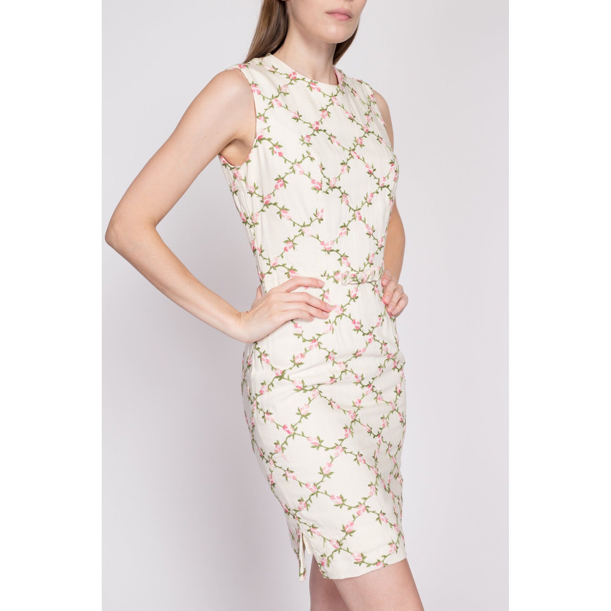 60s Embroidered Floral Mini Sheath Dress - Small | Vintage White Pink Sleeveless Wiggle Pencil Dress