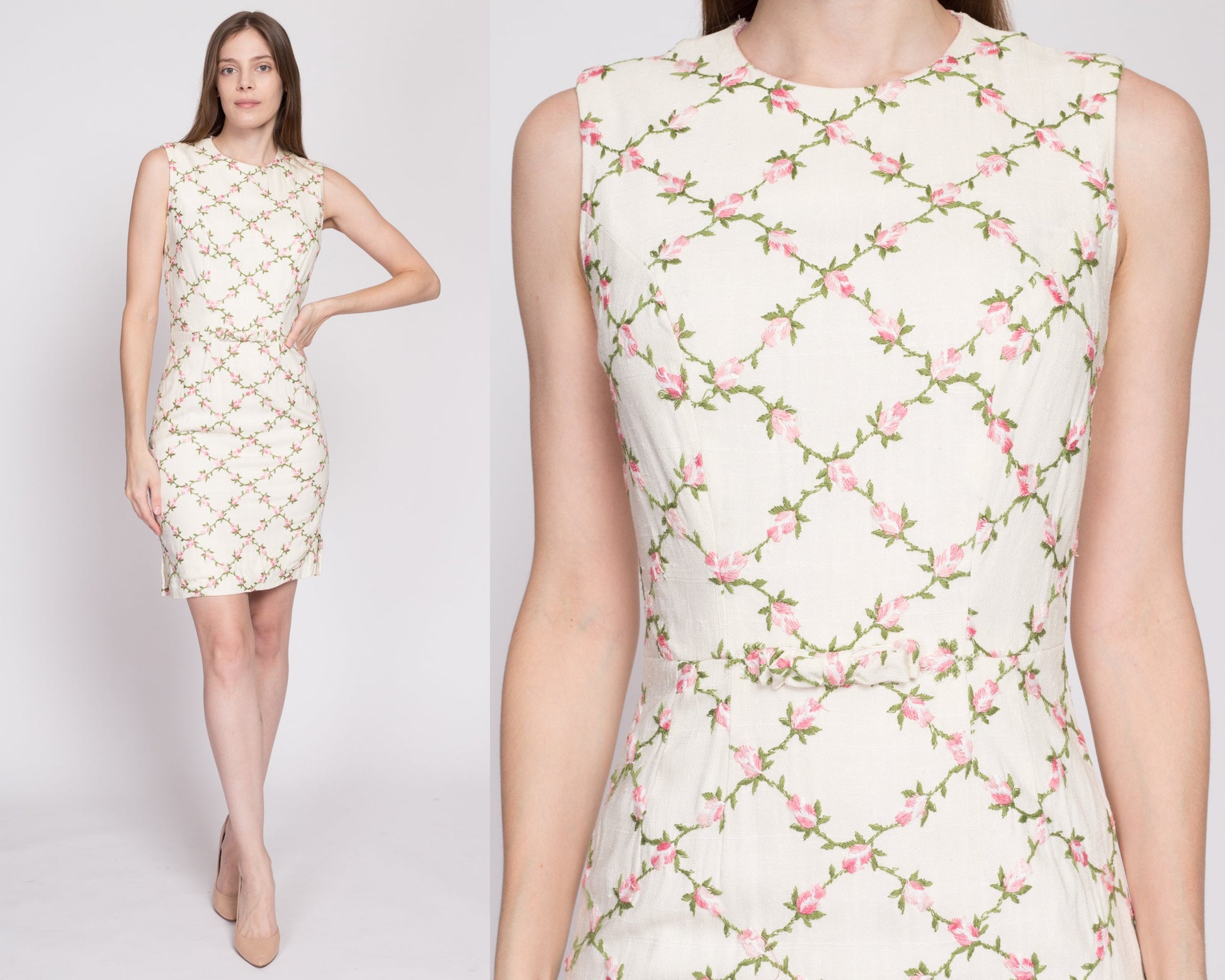 60s Embroidered Floral Mini Sheath Dress - Small | Vintage White Pink Sleeveless Wiggle Pencil Dress