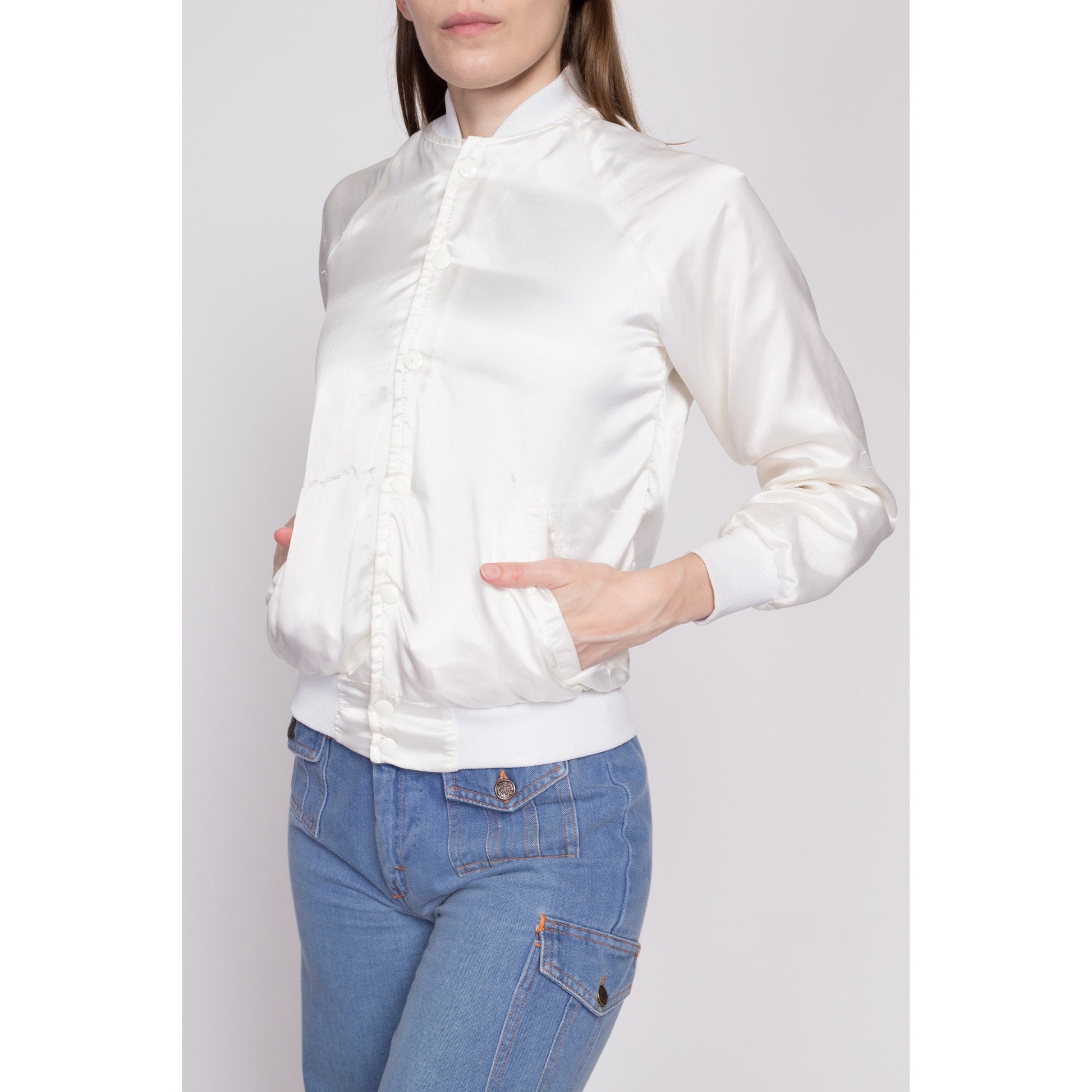 80s The Dance Shoppe Cropped Satin Varsity Jacket - Petite XS | Vintage White Snap Button Windbreaker Coat
