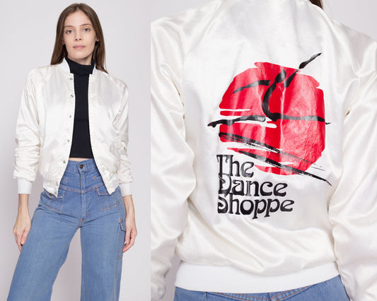 80s The Dance Shoppe Cropped Satin Varsity Jacket - Petite XS | Vintage White Snap Button Windbreaker Coat