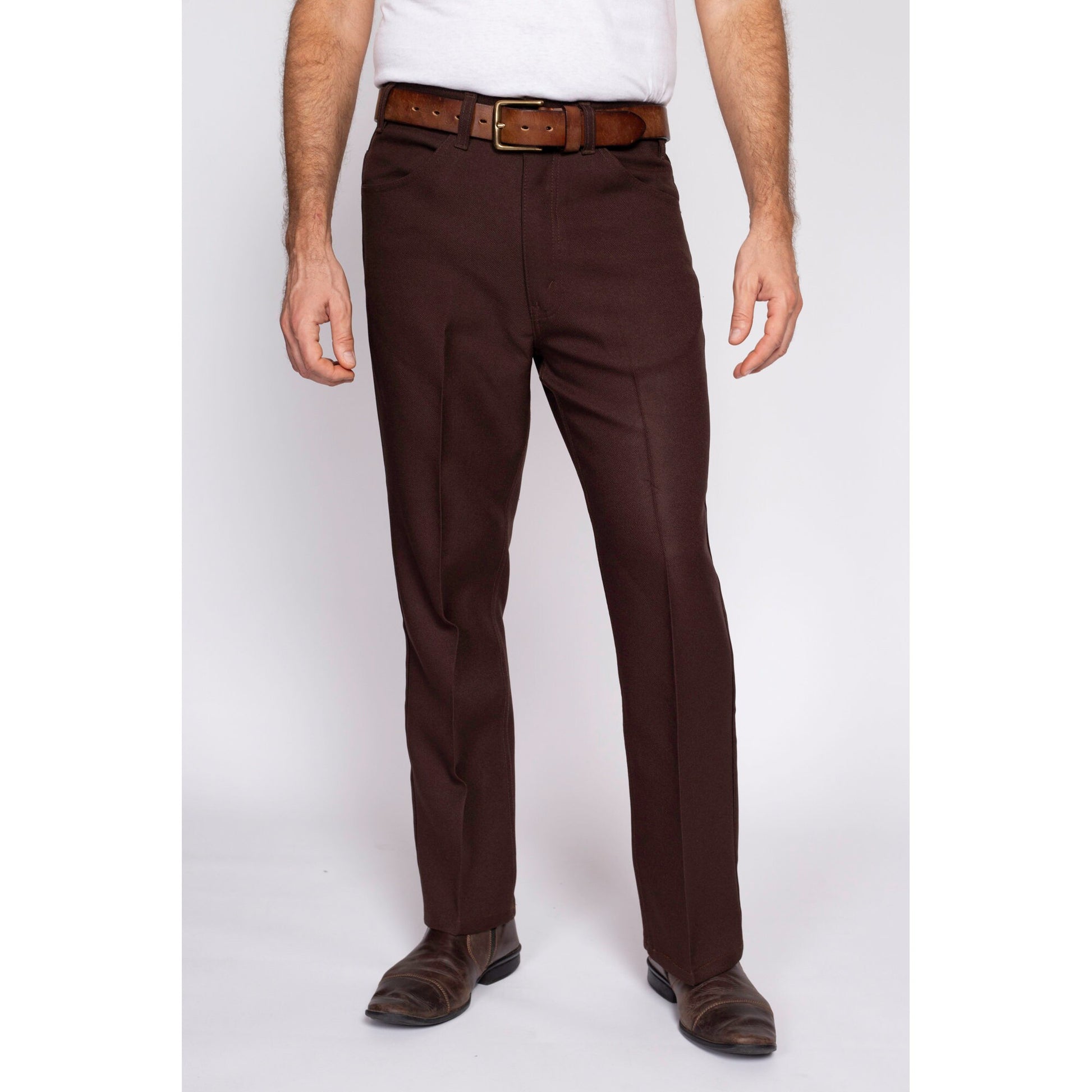 70s Levi's Brown Trousers - 34x32 | Retro Vintage Straight Leg Rockabilly Polyester Pants
