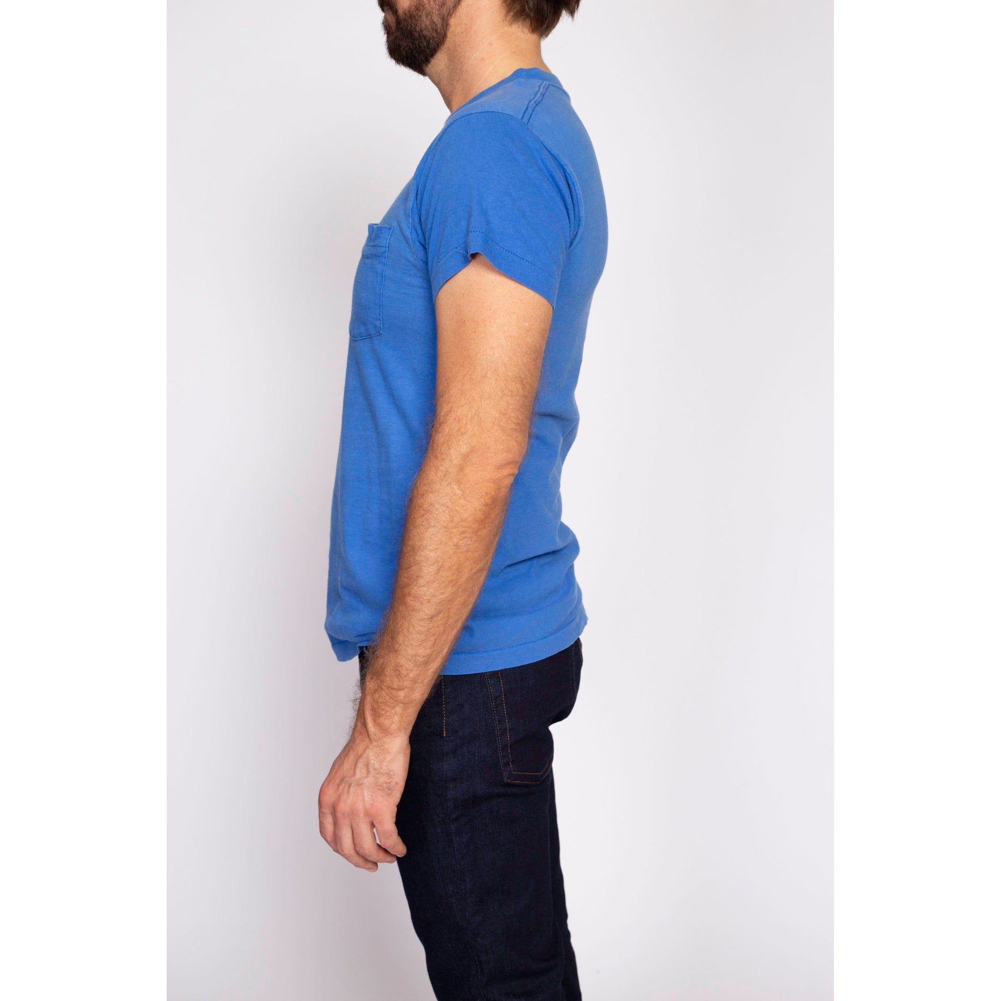 80s Plain Blue Pocket Tee - Men's Medium | Vintage Combed Cotton Single Stitch T Shirt