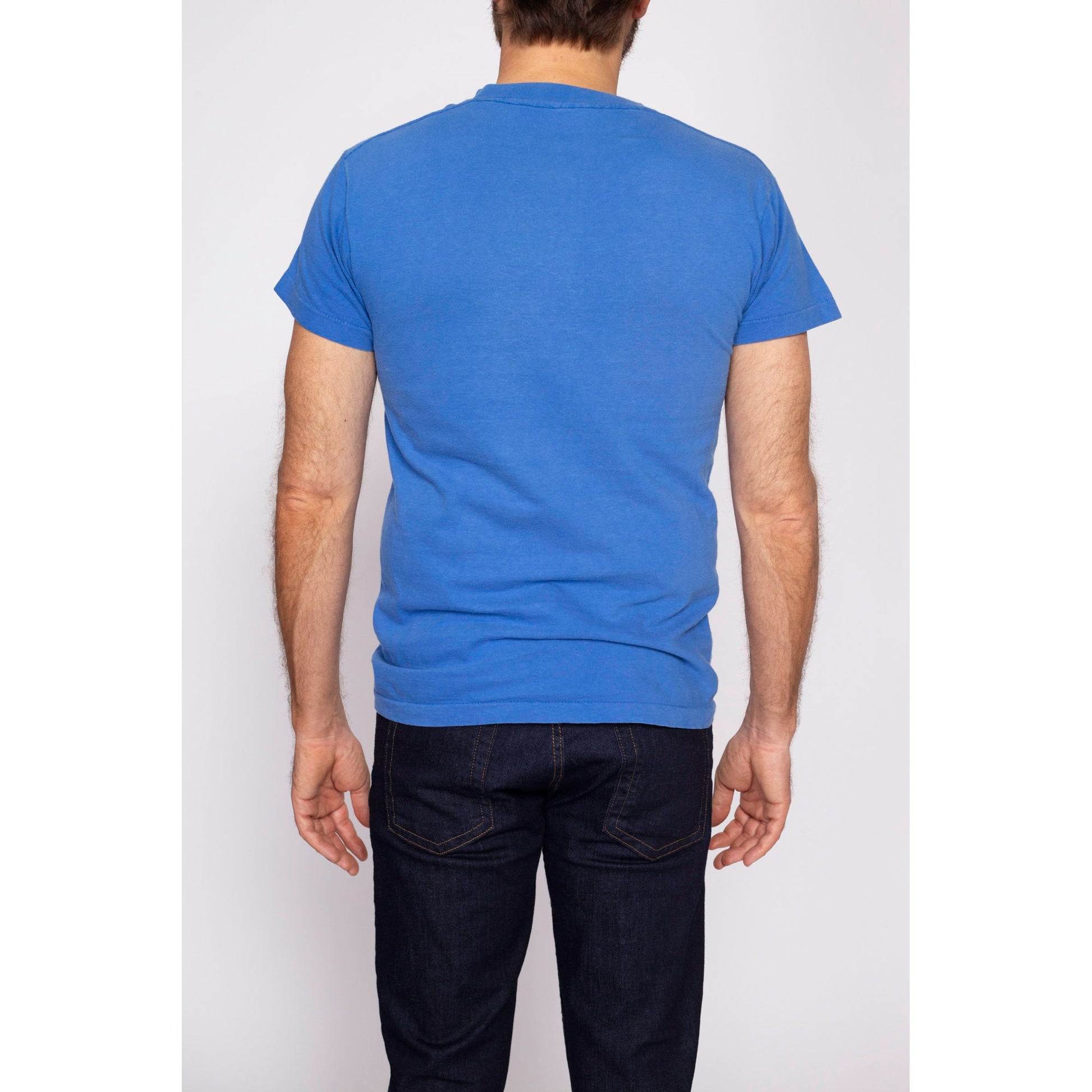 80s Plain Blue Pocket Tee - Men's Medium | Vintage Combed Cotton Single Stitch T Shirt