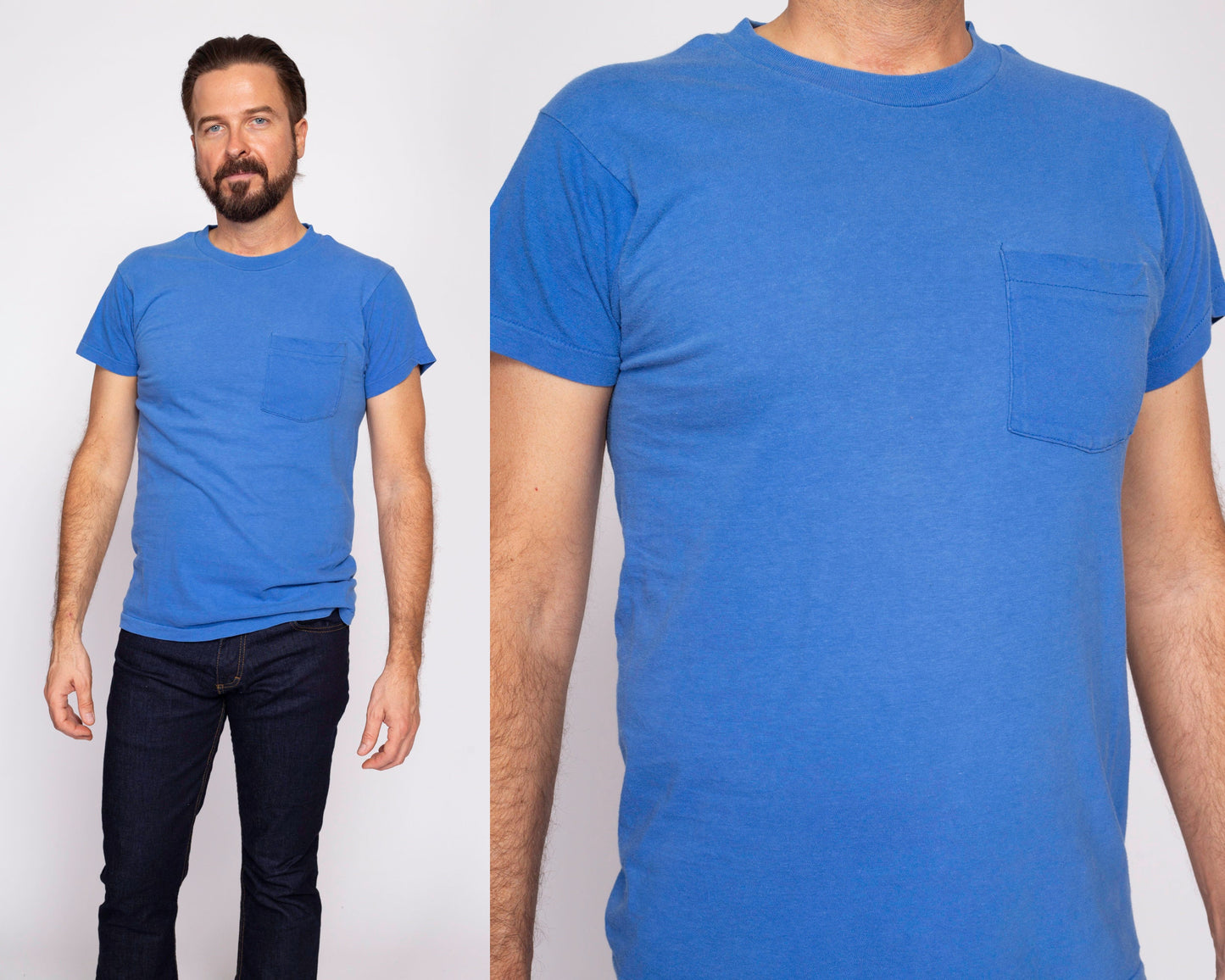 80s Plain Blue Pocket Tee - Men's Medium | Vintage Combed Cotton Single Stitch T Shirt