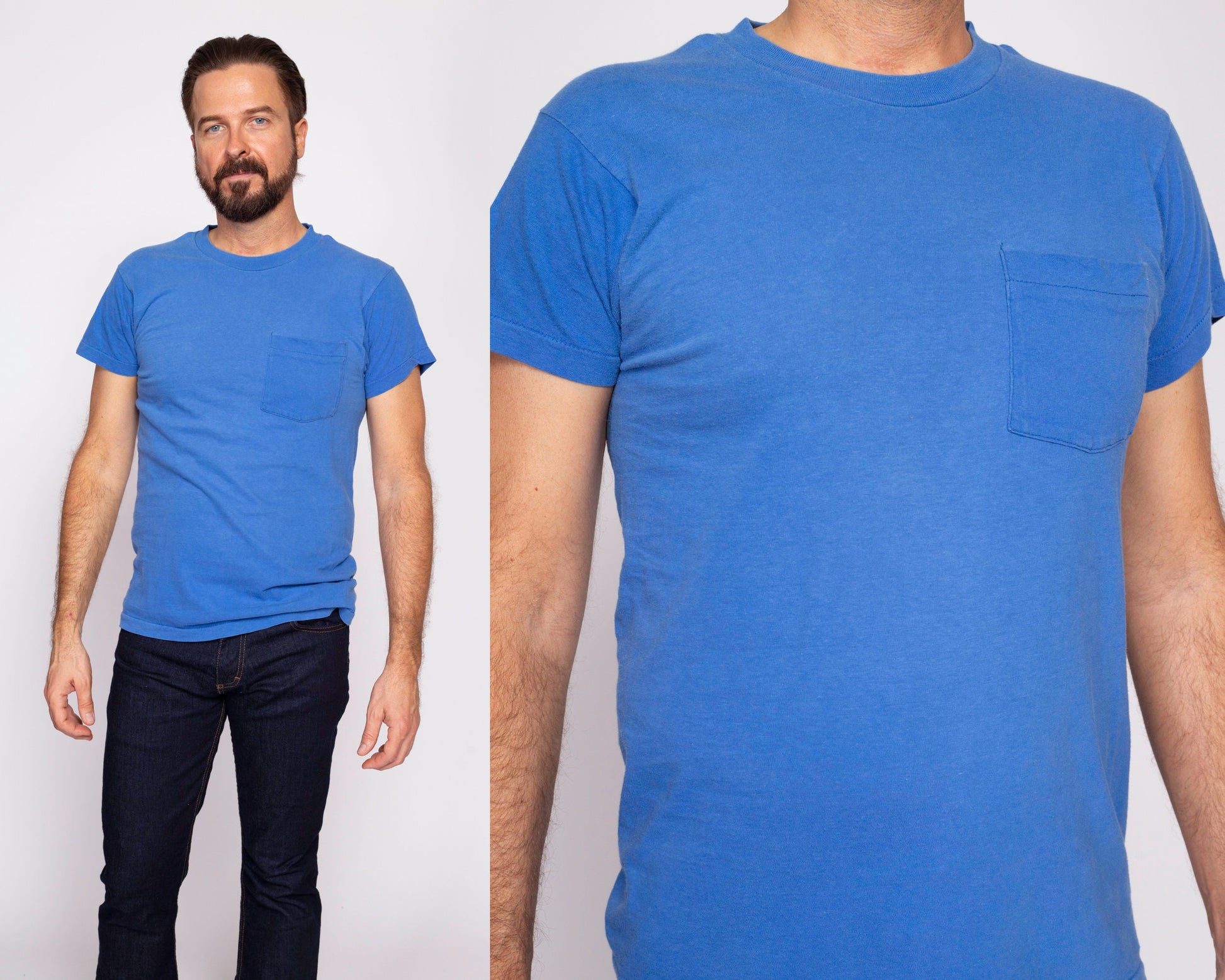 80s Plain Blue Pocket Tee - Men's Medium | Vintage Combed Cotton Single Stitch T Shirt