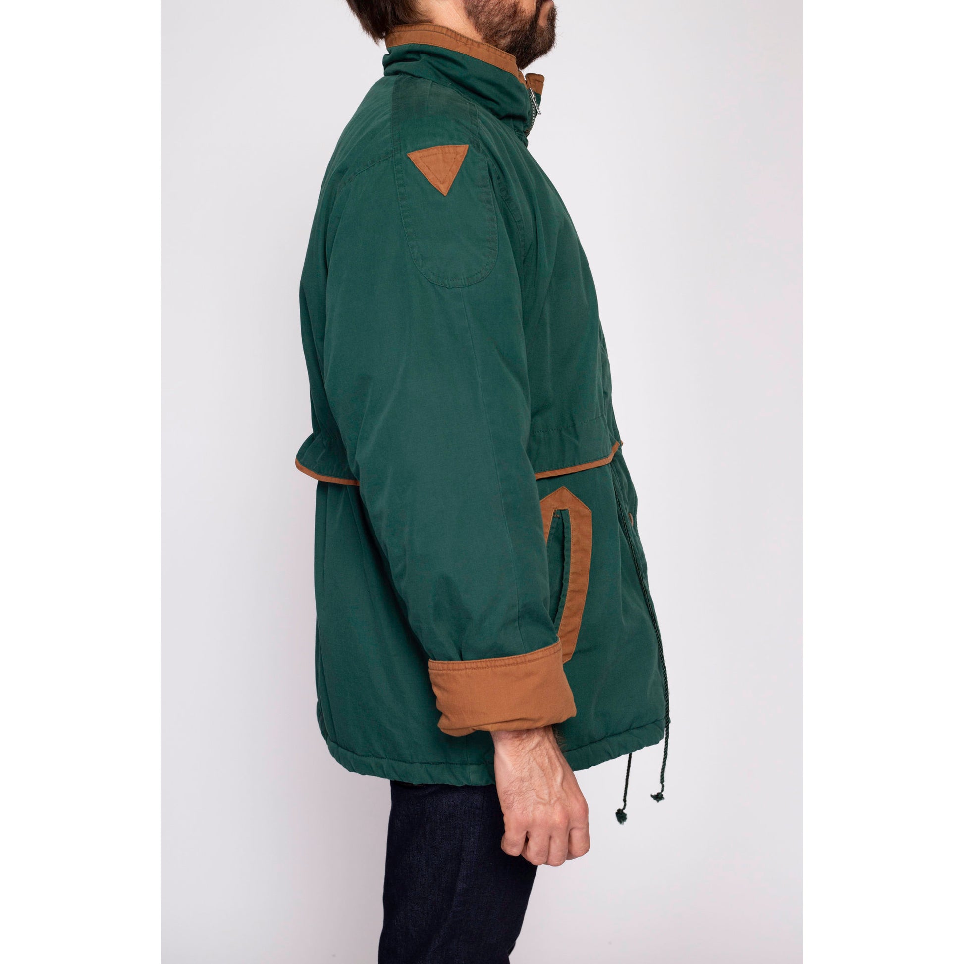 90s Forest Green Parka Jacket - Men's Large | Vintage Learsi Zip Up Drawstring Waist Puffer Ski Coat