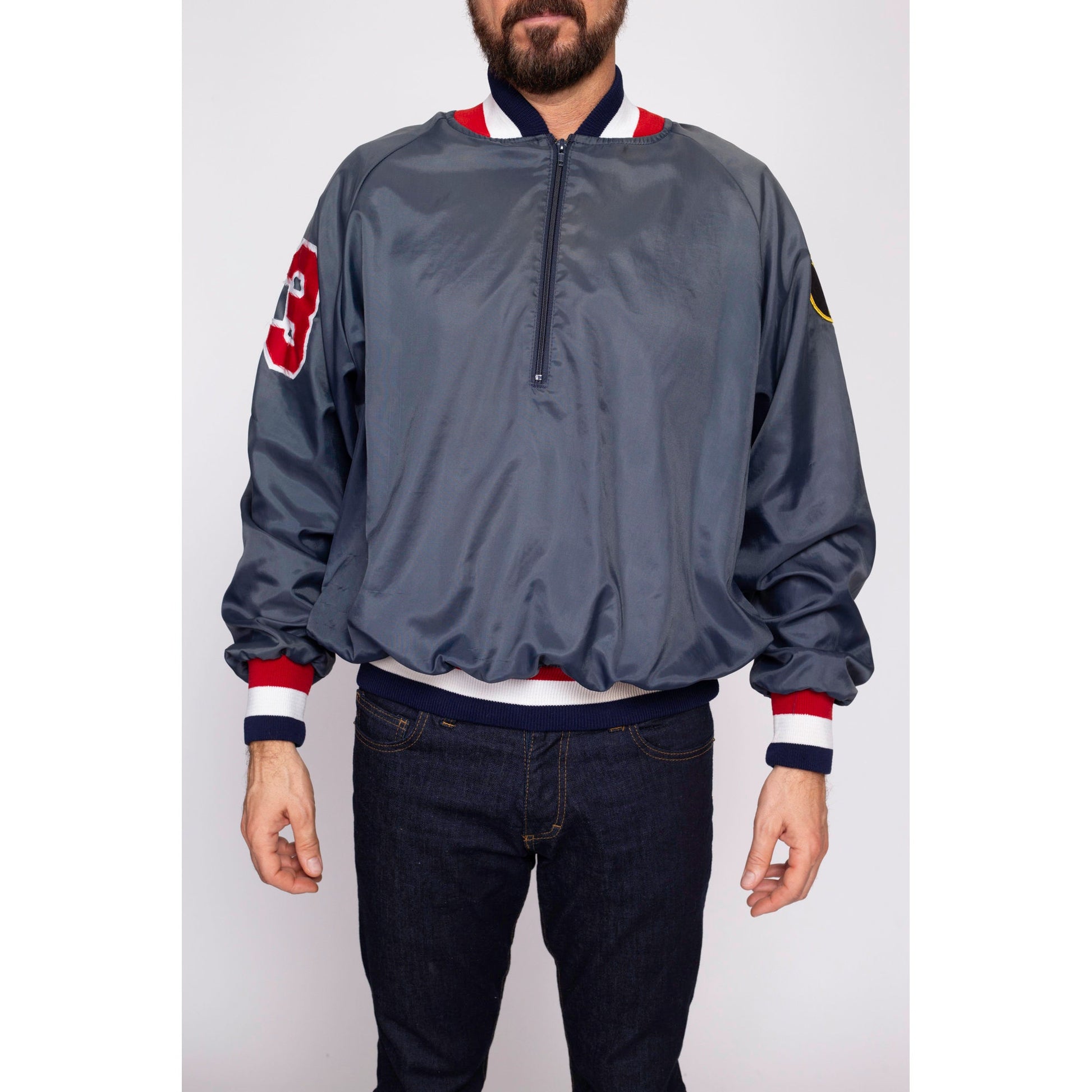 80s Athletic Pullover Windbreaker - Men's Large | Vintage New Jersey NJSIAA Patch Lightweight Zip Up Striped Trim Jacket