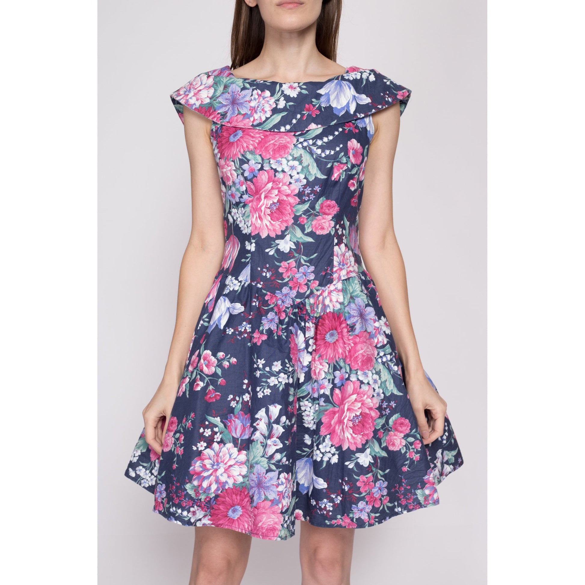 80s Floral Fit & Flare Sailor Collar Party Dress