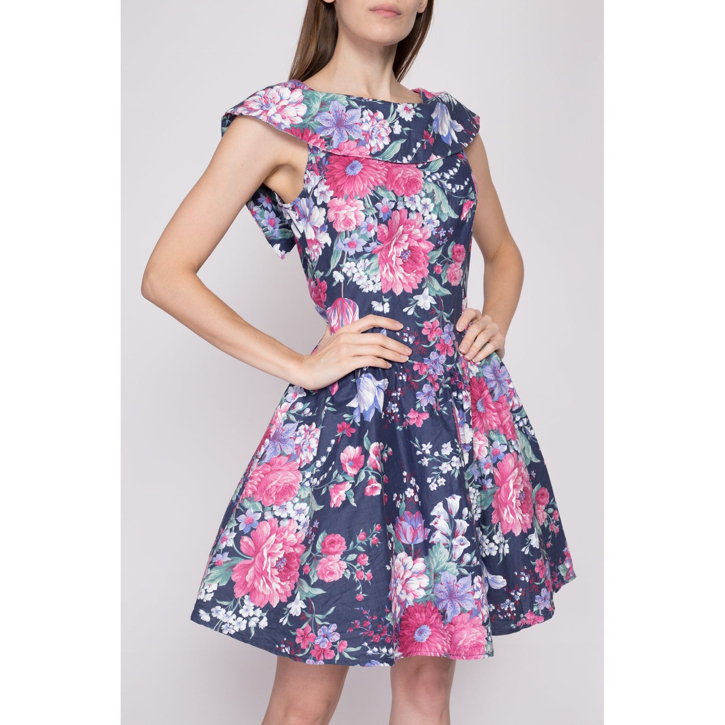 M| 80s Floral Fit & Flare Sailor Collar Party Dress - Petite Medium | Vintage Joni Blair Retro Formal Girly Mini Dress