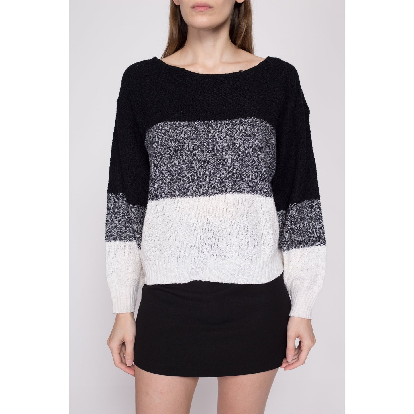 M| 80s Color Block Knit Sweater - Medium | Vintage Black White Gradient Striped Pullover