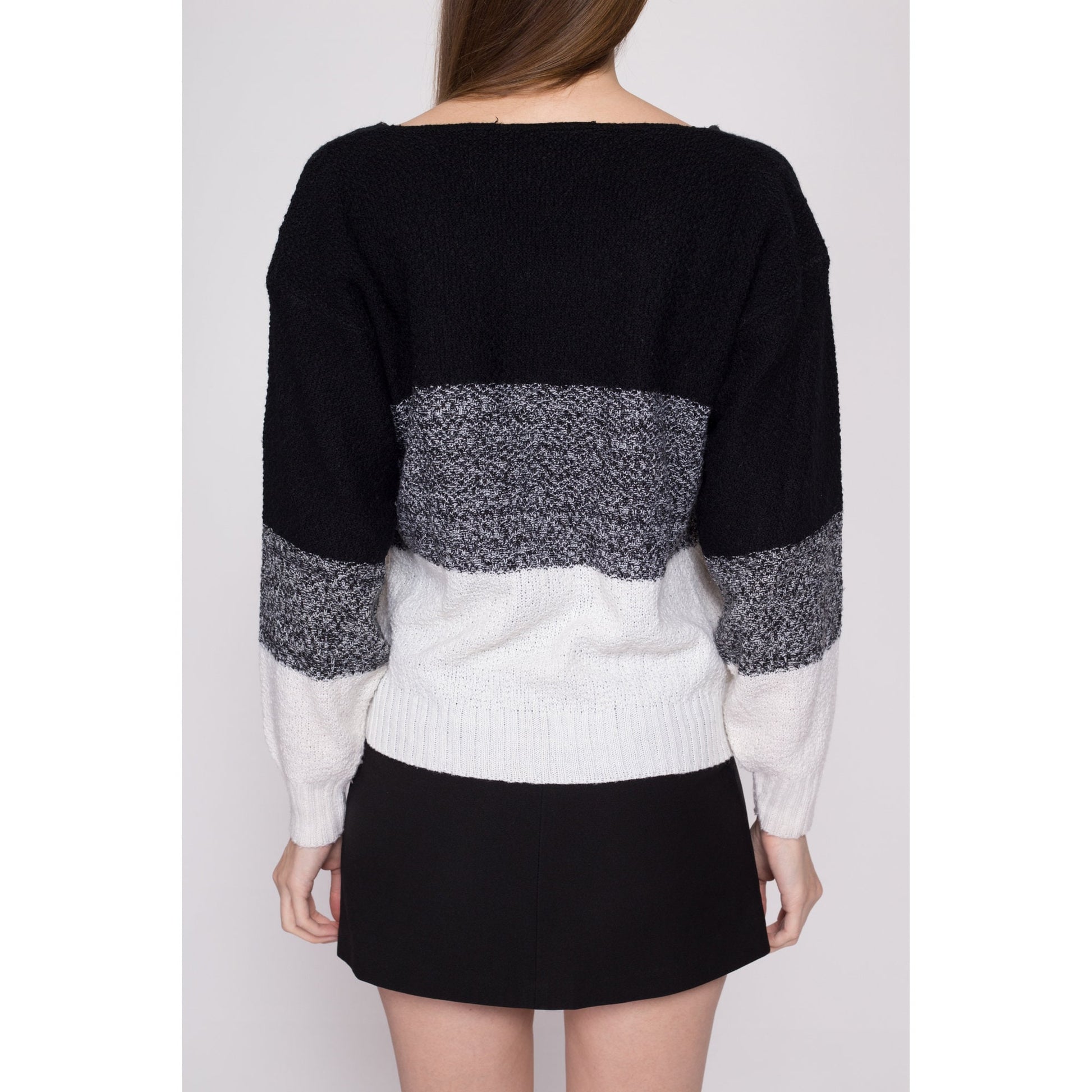M| 80s Color Block Knit Sweater - Medium | Vintage Black White Gradient Striped Pullover