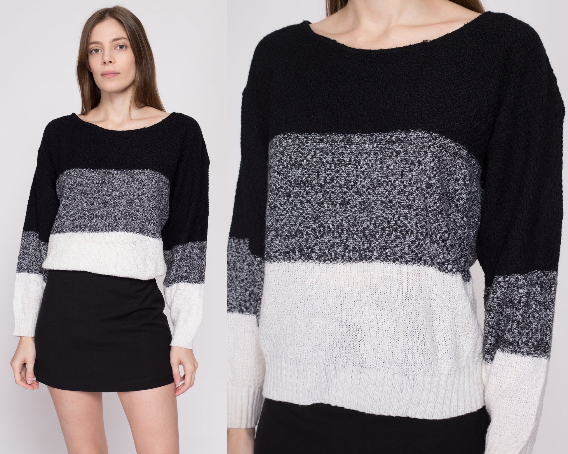 M| 80s Color Block Knit Sweater - Medium | Vintage Black White Gradient Striped Pullover