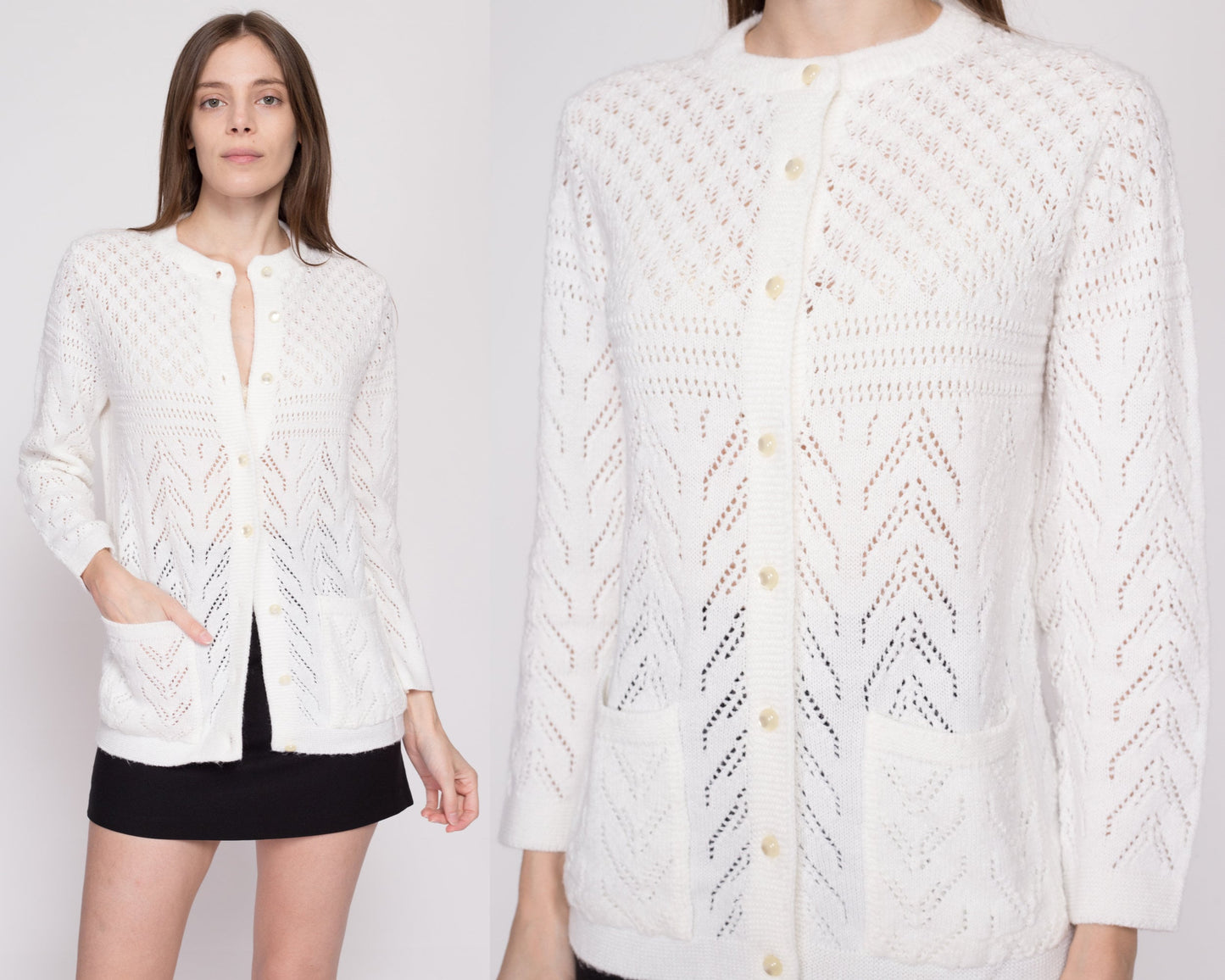 S| 70s White Eyelet Knit Cardigan - Small | Vintage Boho Button Up Sweater