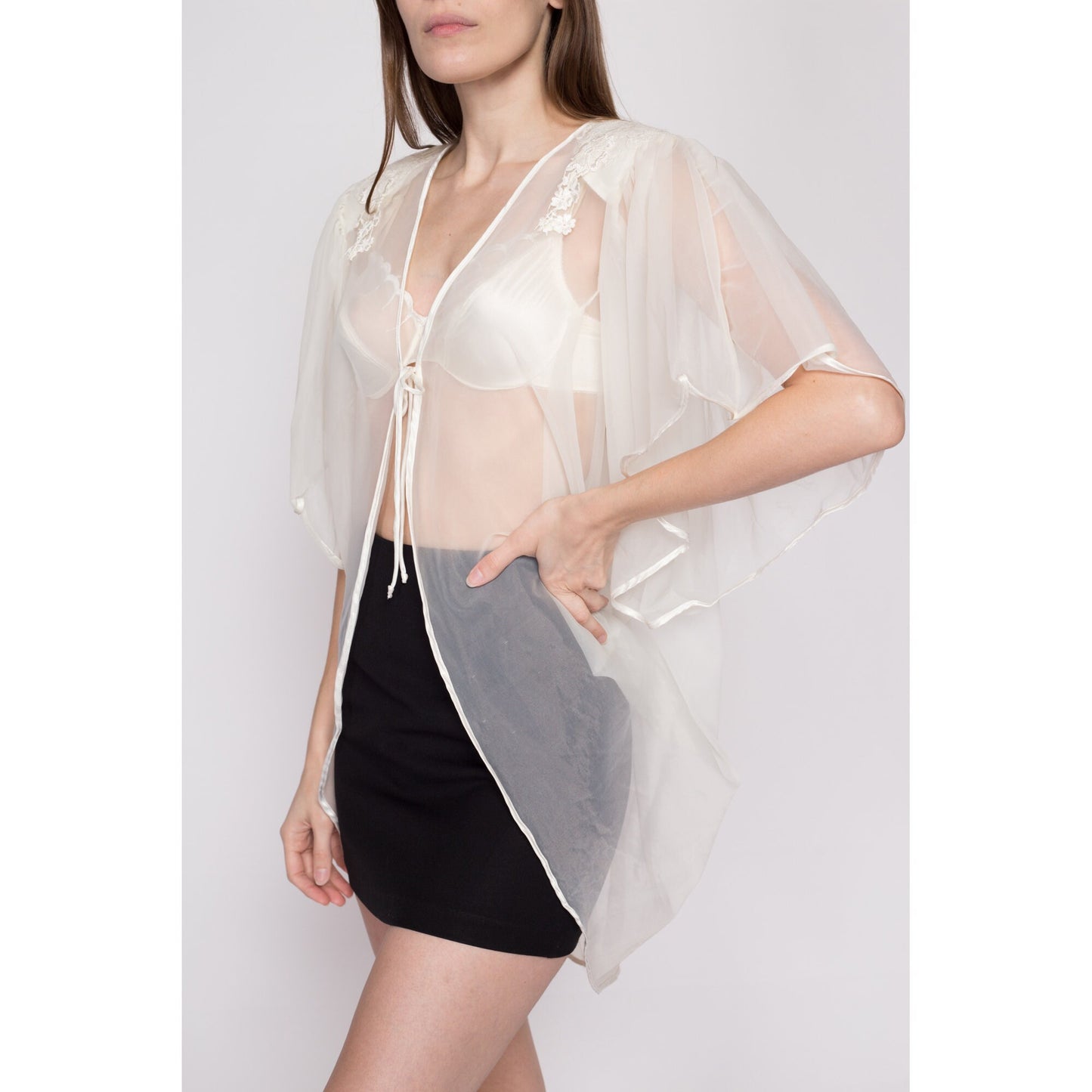 M| 80s Val Mode Sheer White Peignoir - Medium | Vintage Lace Trim Boho Open Fit Loungewear Lingerie Top