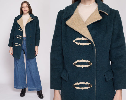 S-M| 60s 70s Emerald Green Double Breasted Coat - Petite Small to Medium | Vintage Mod Preppy Two Tone Wool Shearling Winter Jacket