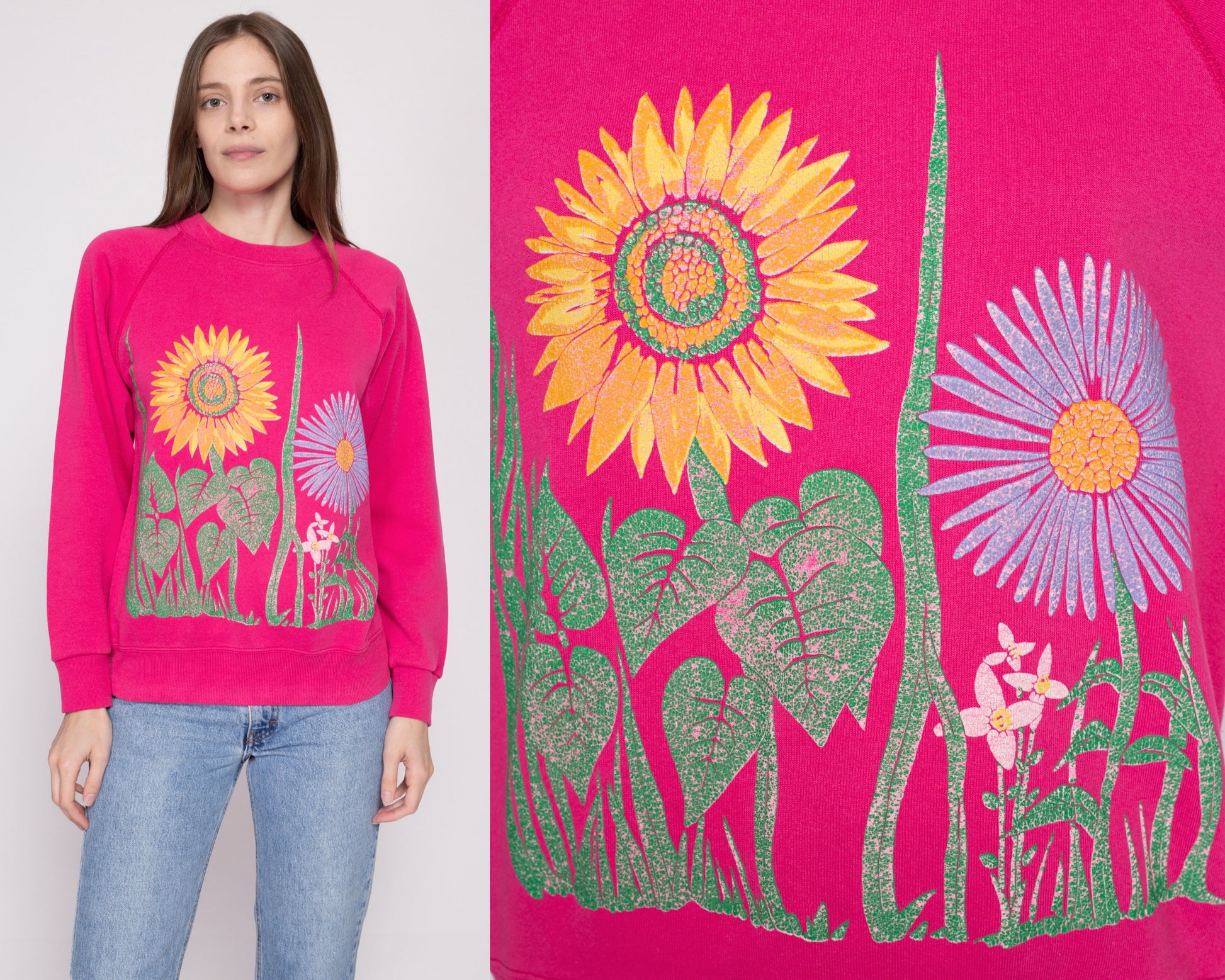 M| 80s Hot Pink Flower Garden Sweatshirt - Medium | Vintage Floral Graphic Crewneck Pullover