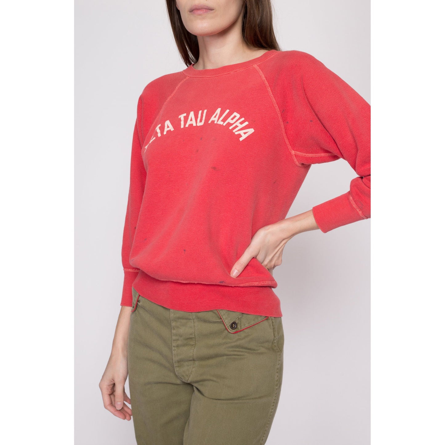 S| 1960s Zeta Tau Alpha Sorority Sweatshirt - Petite Small | Vintage 60s Pink Red Distressed Raglan Sleeve College Crewneck