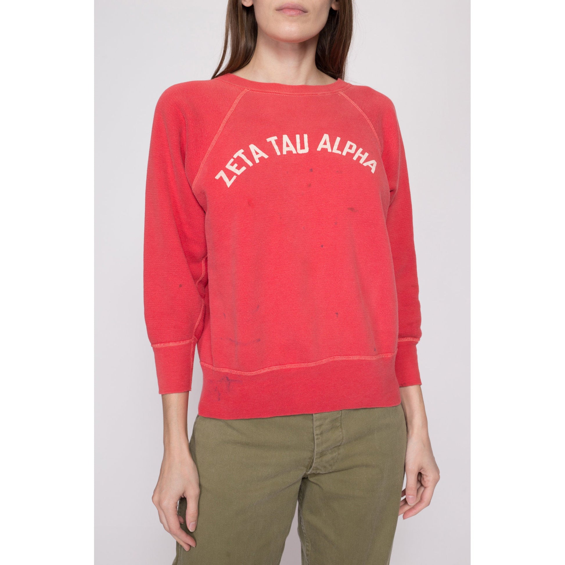 S| 1960s Zeta Tau Alpha Sorority Sweatshirt - Petite Small | Vintage 60s Pink Red Distressed Raglan Sleeve College Crewneck