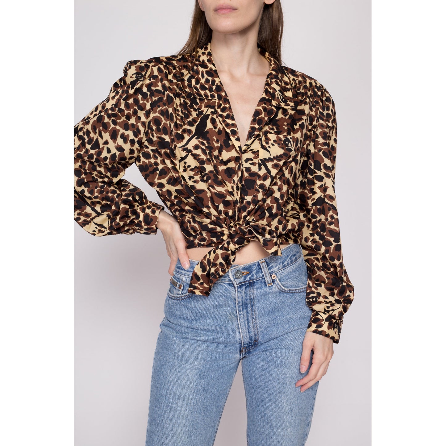XL| 80s Leopard Print Balloon Sleeve Blouse - Extra Large | Vintage Judy Bond Long Sleeve Collared Button Up Top