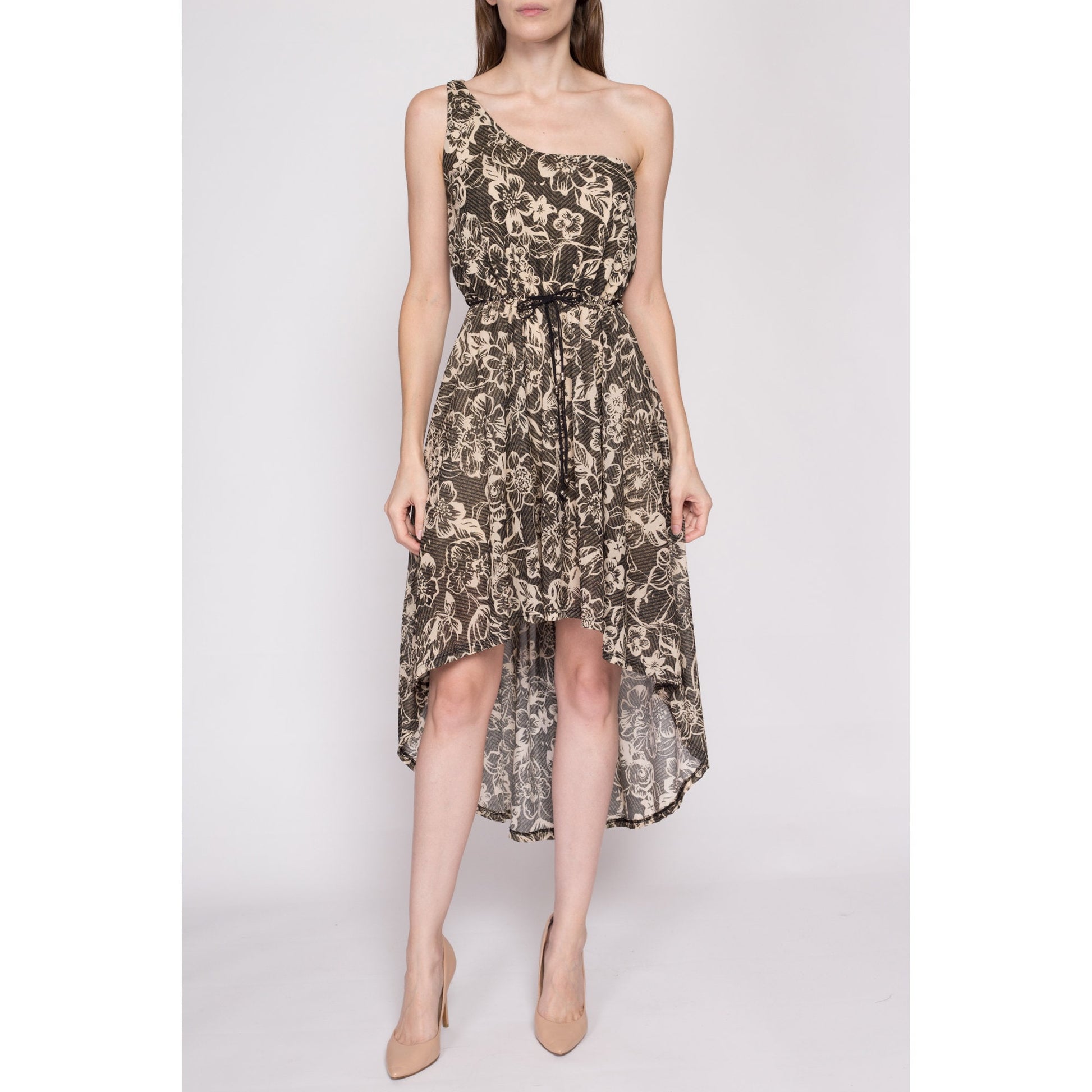 S| Y2K Floral One Shoulder High-Low Dress - Small | Boho Vintage Asymmetrical Belted Summer Sundress