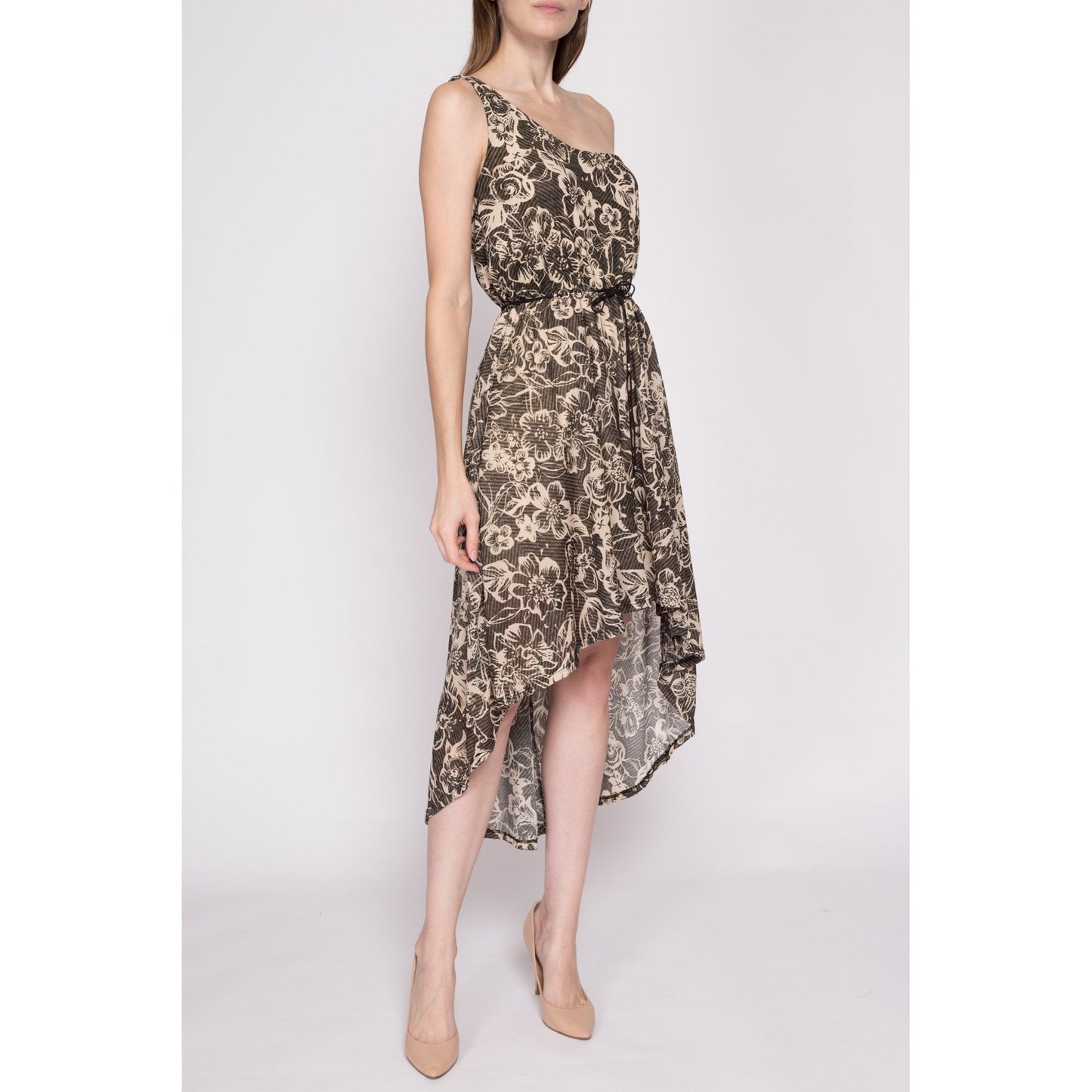S| Y2K Floral One Shoulder High-Low Dress - Small | Boho Vintage Asymmetrical Belted Summer Sundress