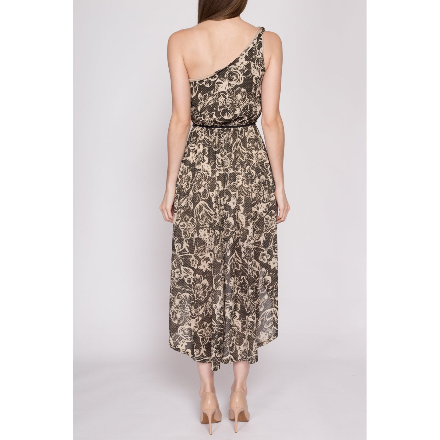 S| Y2K Floral One Shoulder High-Low Dress - Small | Boho Vintage Asymmetrical Belted Summer Sundress