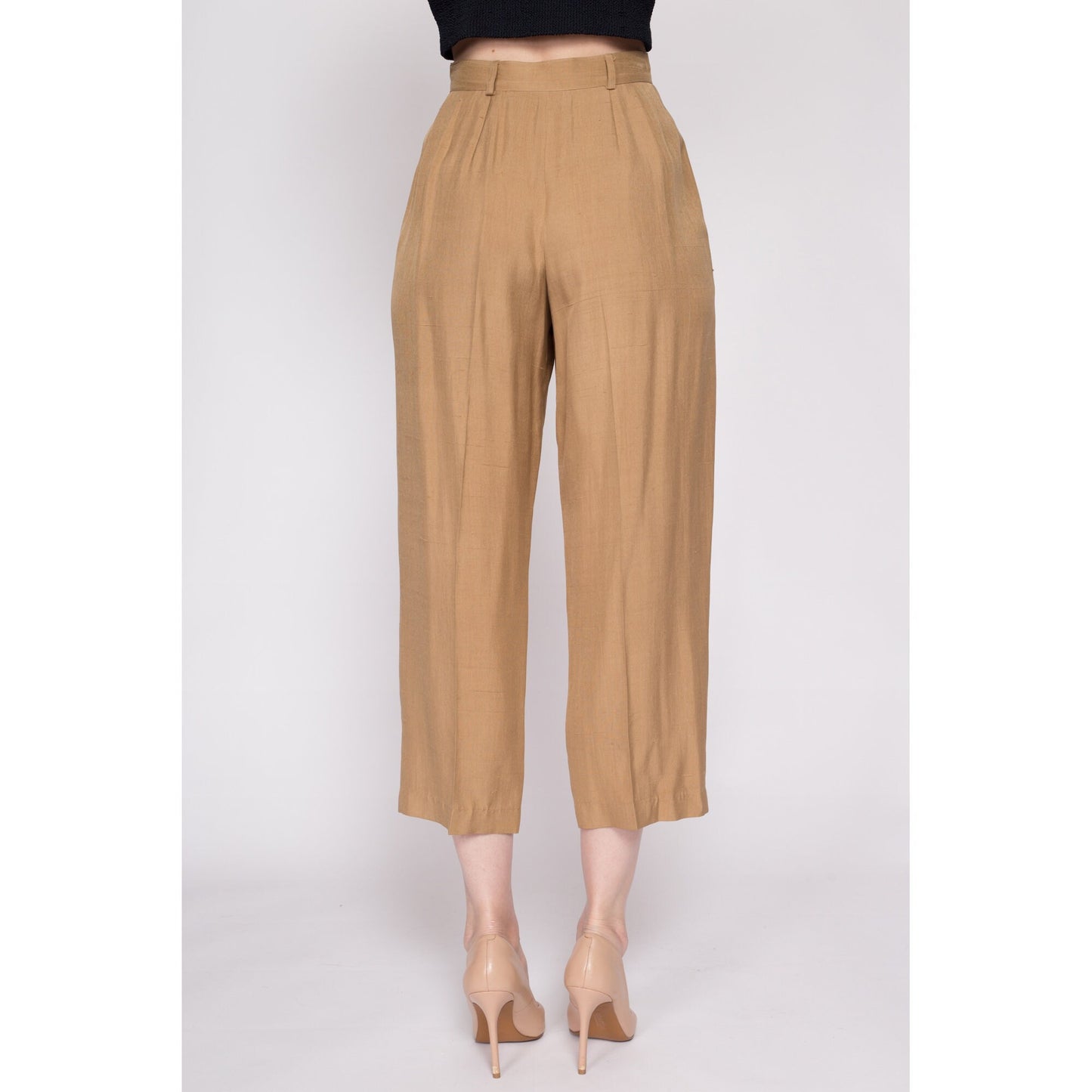 S| 90s Anne Klein Silk High Waisted Trousers - Petite Small, 25" | Vintage Minimalist Tan Pleated Tapered Leg Short Inseam Pants