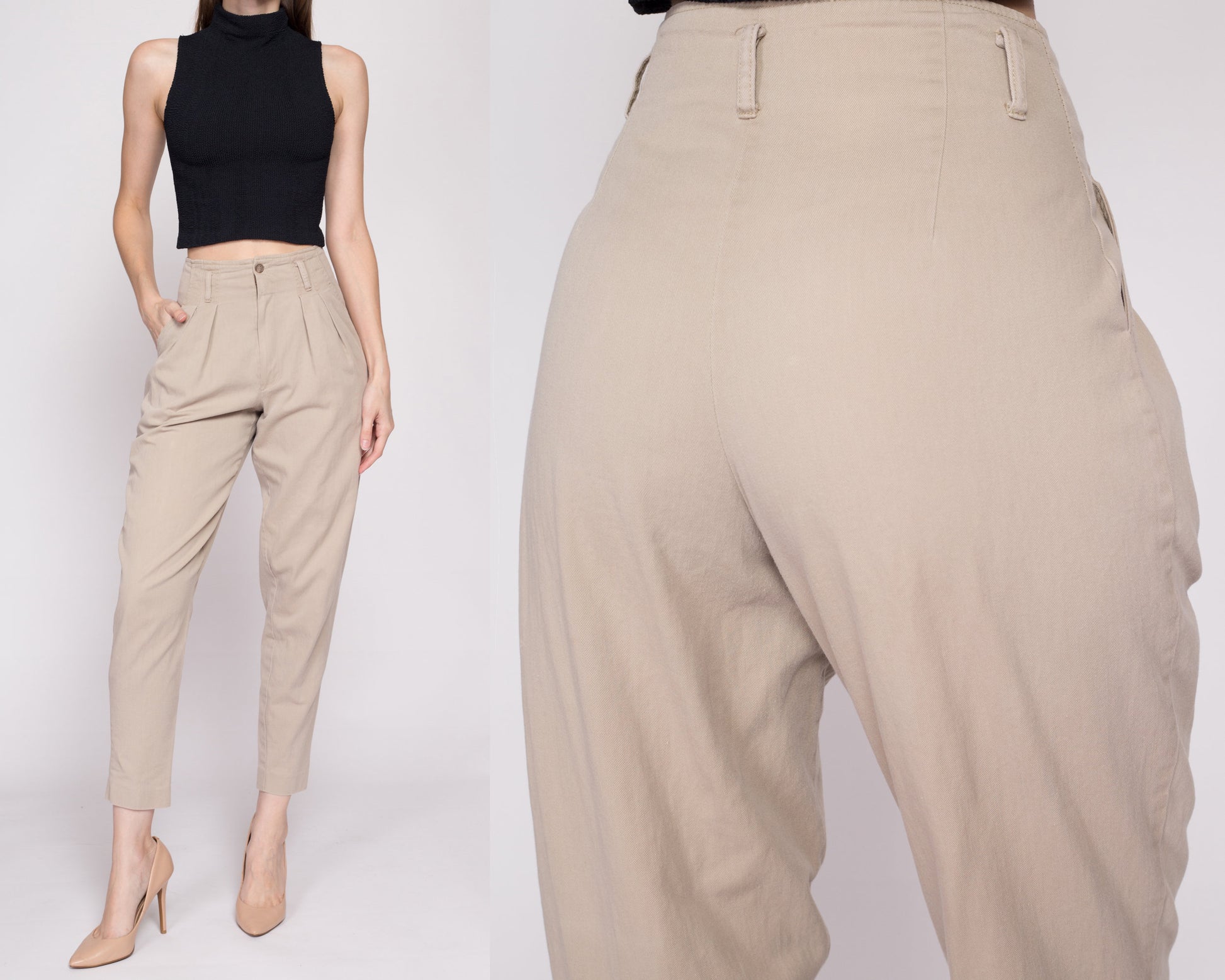 XS| 80s Khaki Cotton High Waisted Pants - Extra Small, 24.5" | Vintage Pleated Tapered Leg Short Inseam Trousers
