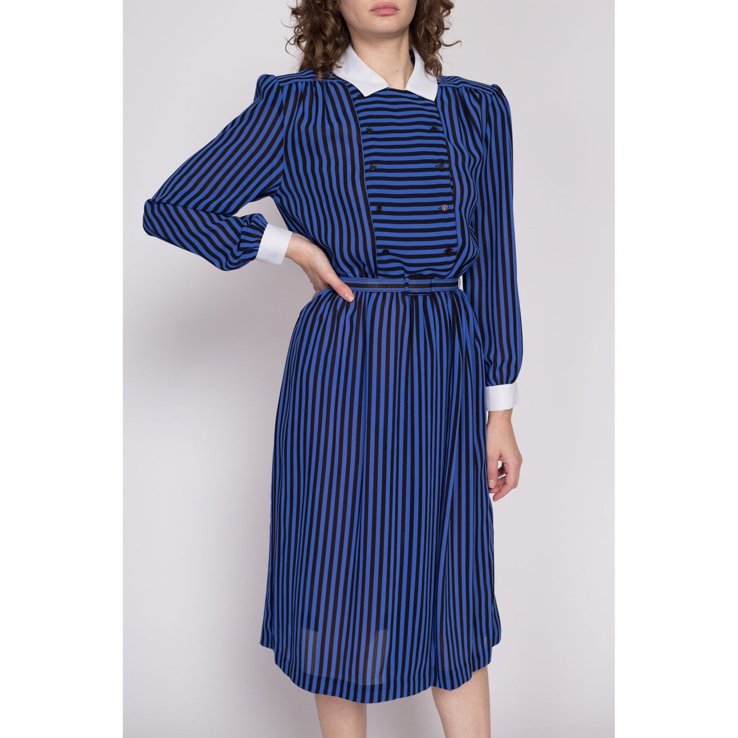 80s Black & Blue Striped Secretary Midi Dress - Medium | Vintage Belted Double Breasted Long Sleeve Collared Dress