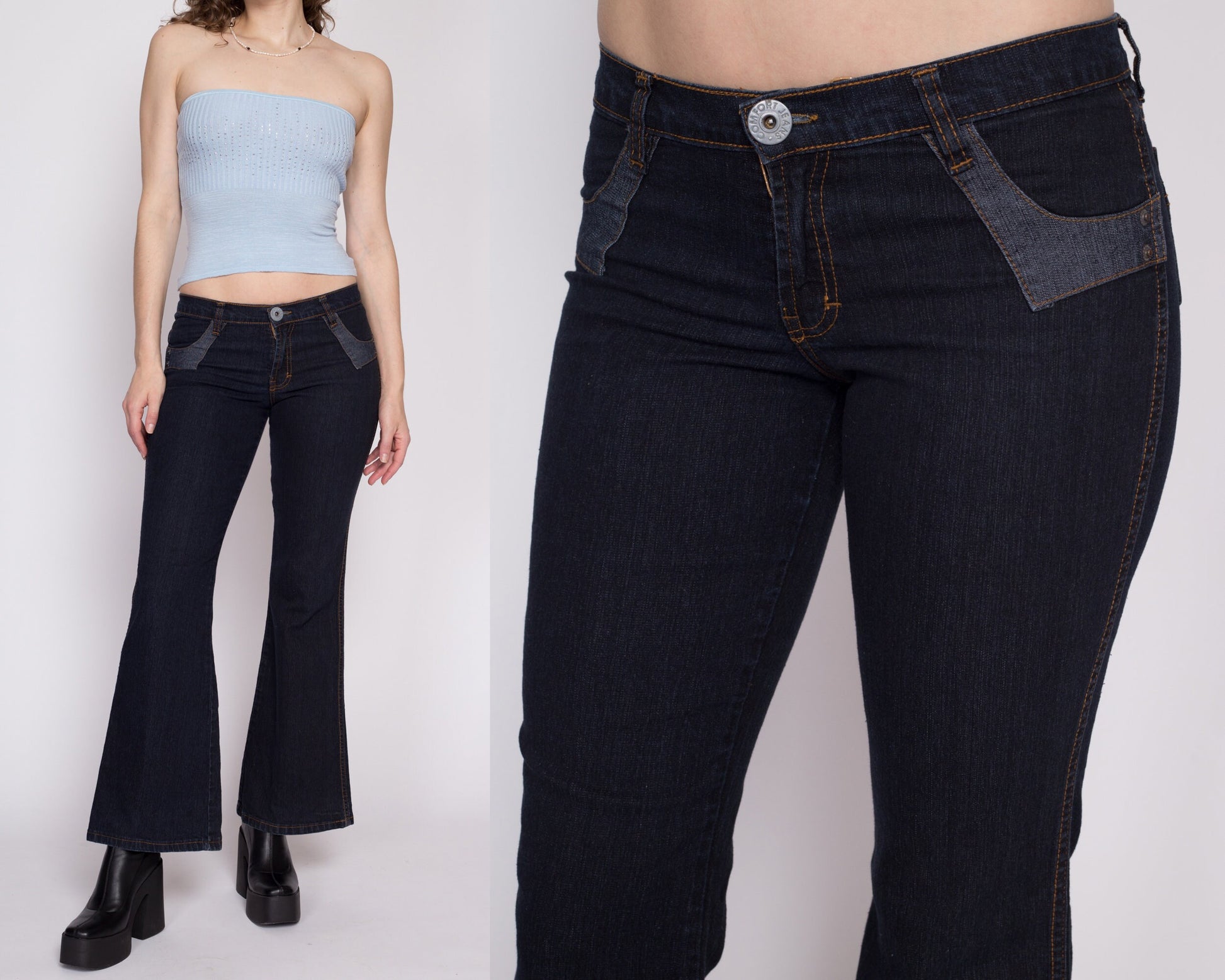 Y2K Low Rise Patchwork Pocket Jeans - Small | Vintage Dark Wash Denim Flared Jeans