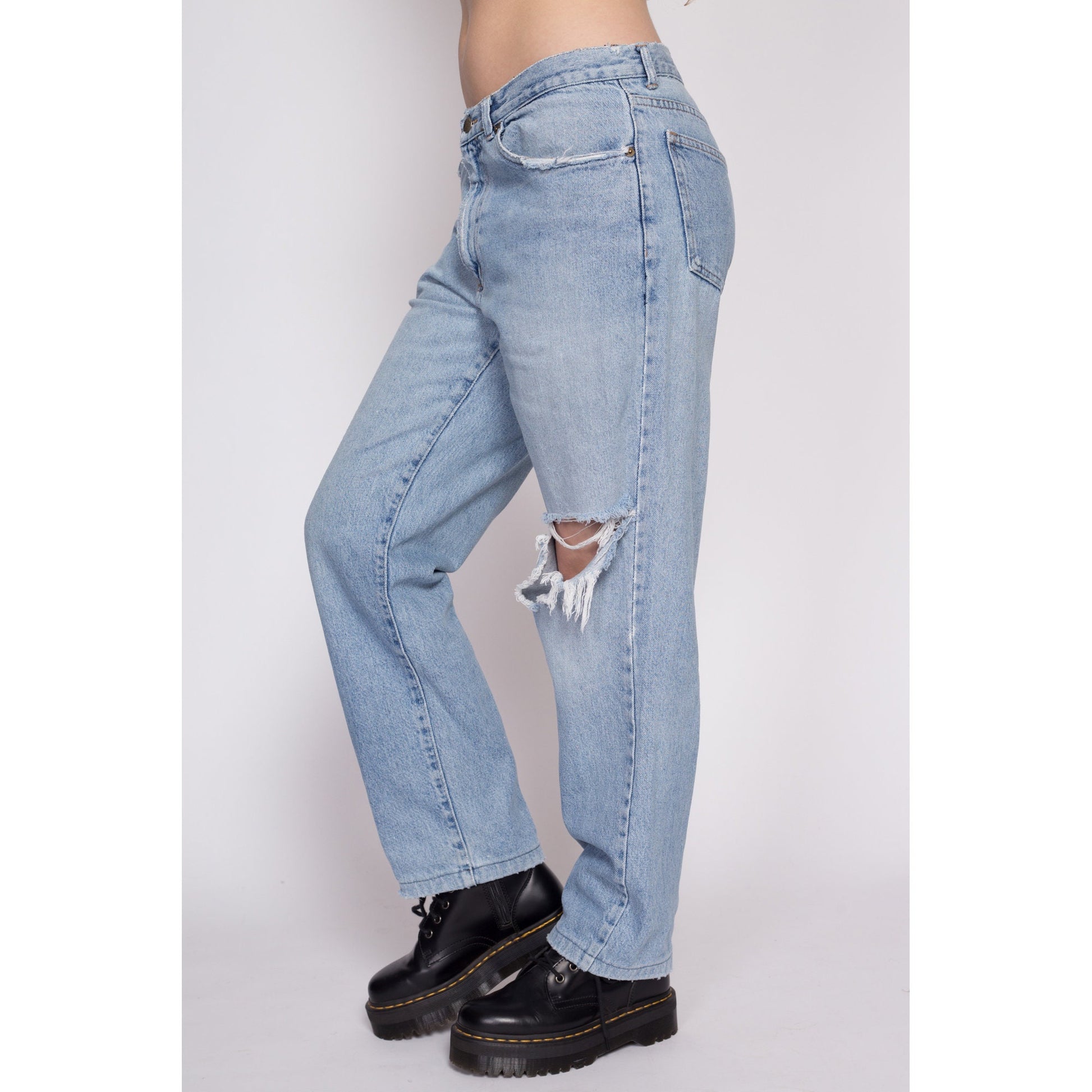 90s Distressed Mid Rise Jeans - 33" Waist | Vintage Unisex Light Wash Denim Straight Leg Ripped Boyfriend Jeans