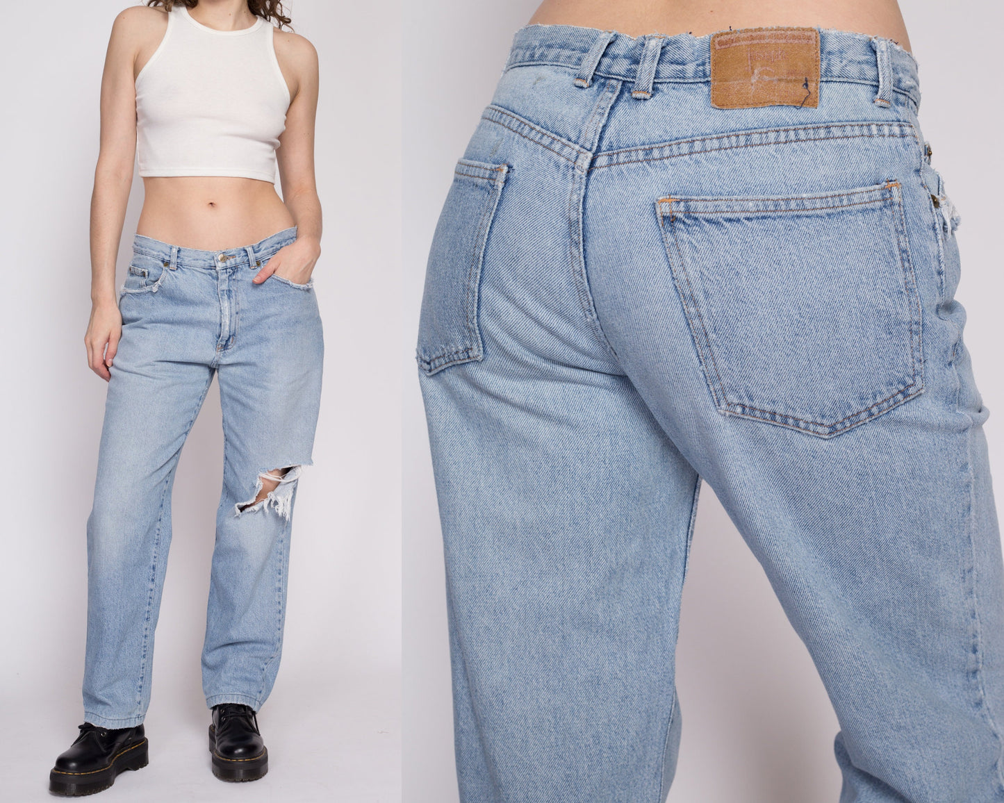 90s Distressed Mid Rise Jeans - 33" Waist | Vintage Unisex Light Wash Denim Straight Leg Ripped Boyfriend Jeans