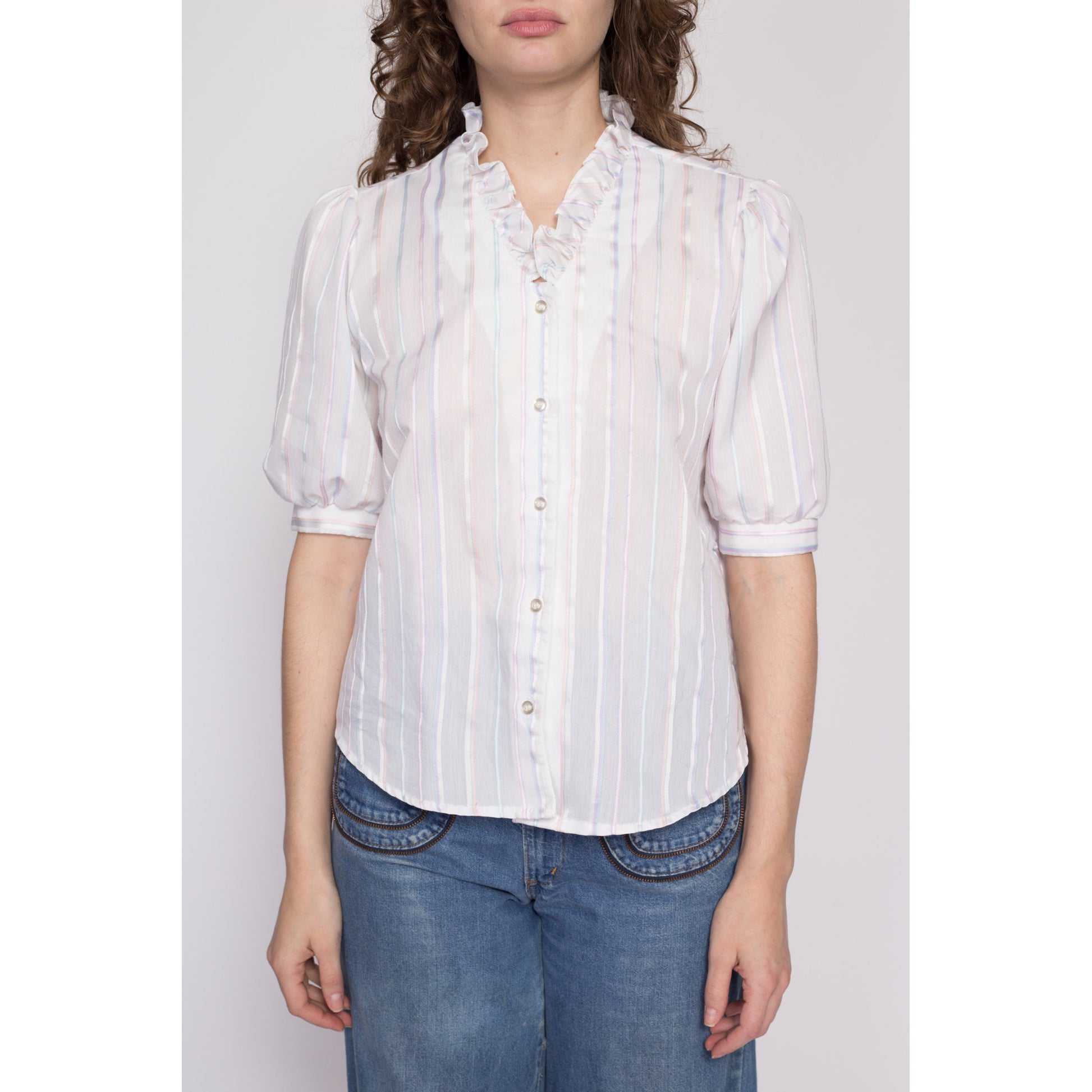 70s Pastel Candy Striped Puff Sleeve Blouse - Medium | Vintage White Prairie Ruffle Collar Button Up Top