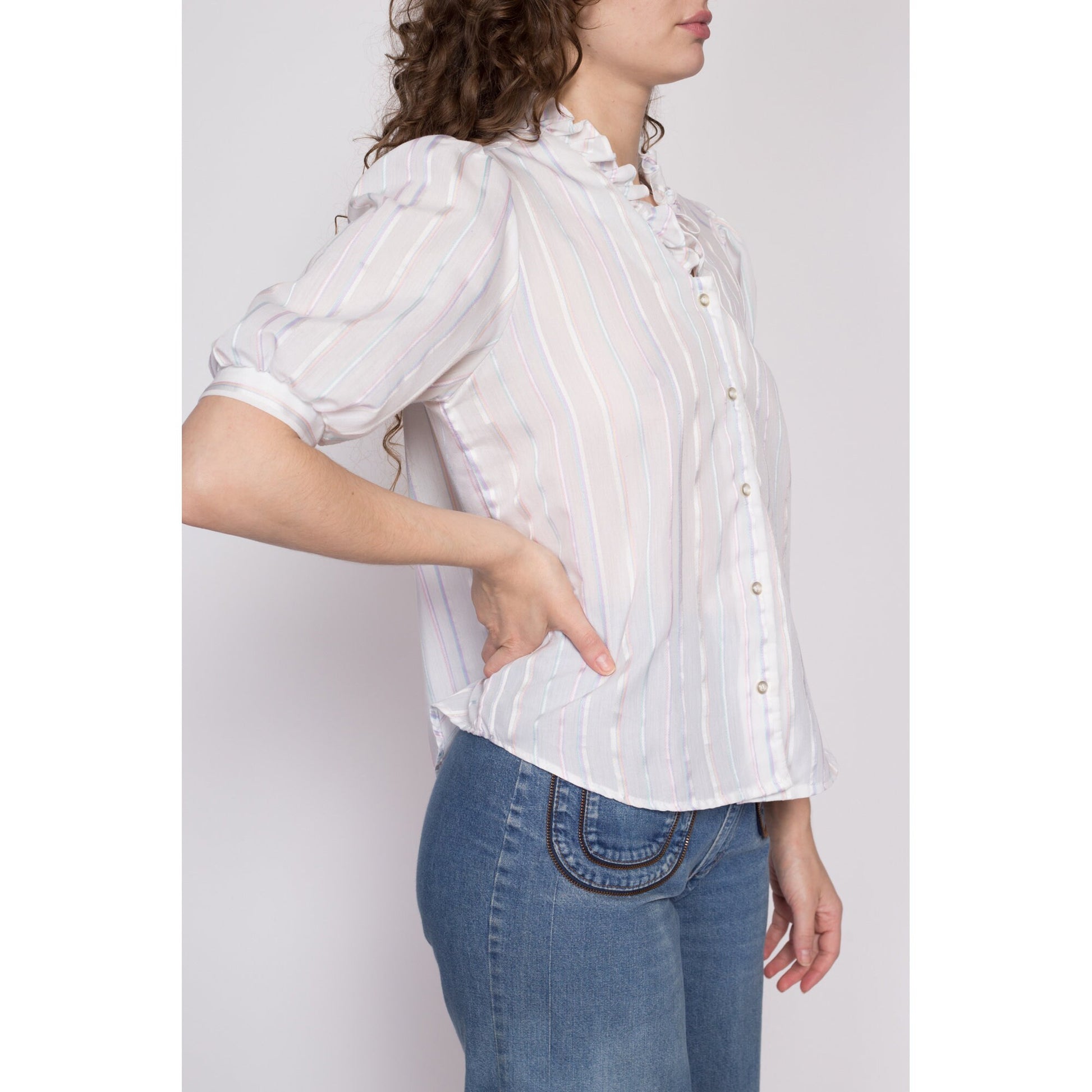 70s Pastel Candy Striped Puff Sleeve Blouse - Medium | Vintage White Prairie Ruffle Collar Button Up Top