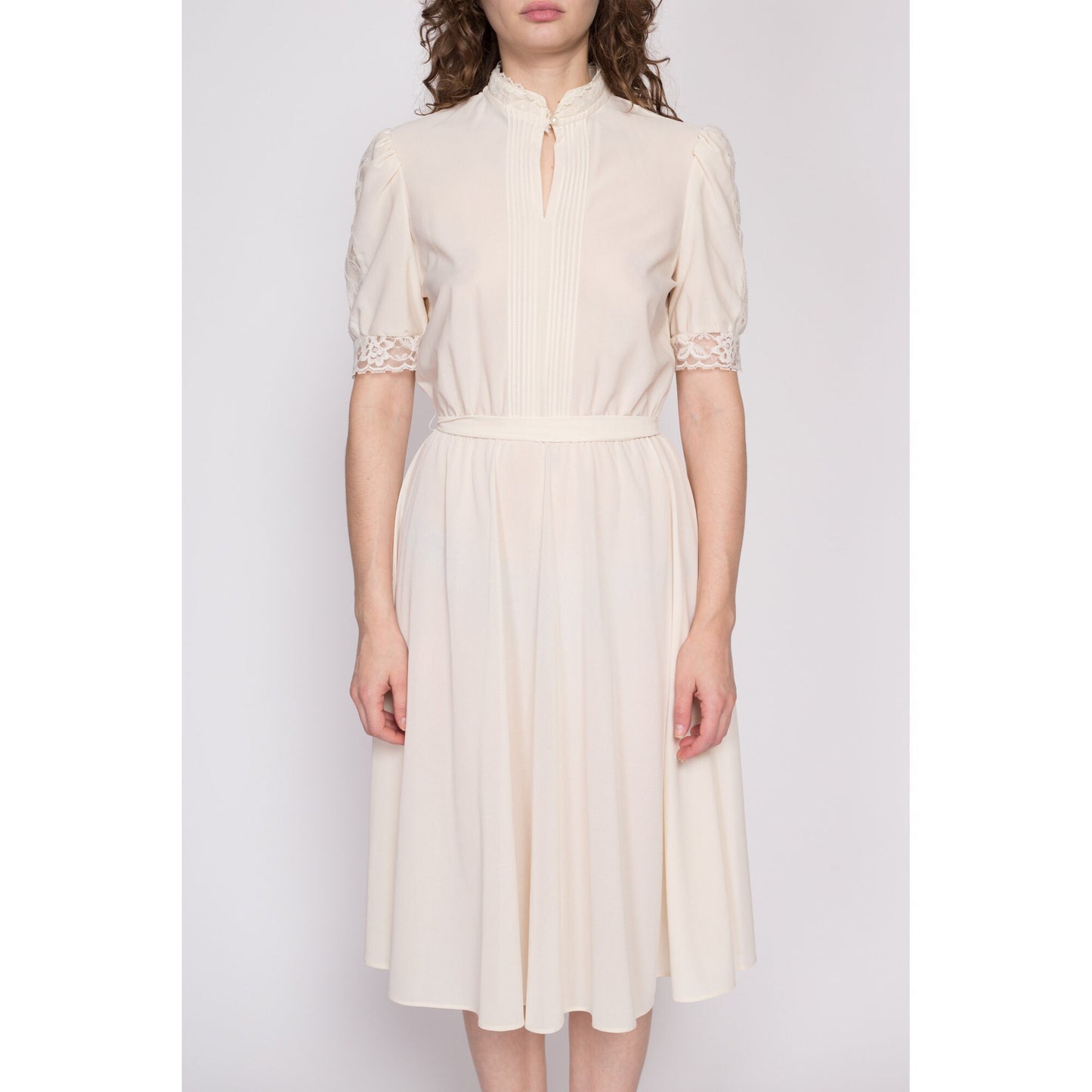 70s Sheer Cream Lace Trim Dress - Large | Vintage Boho Cottagecore Puff Sleeve Midi Dress