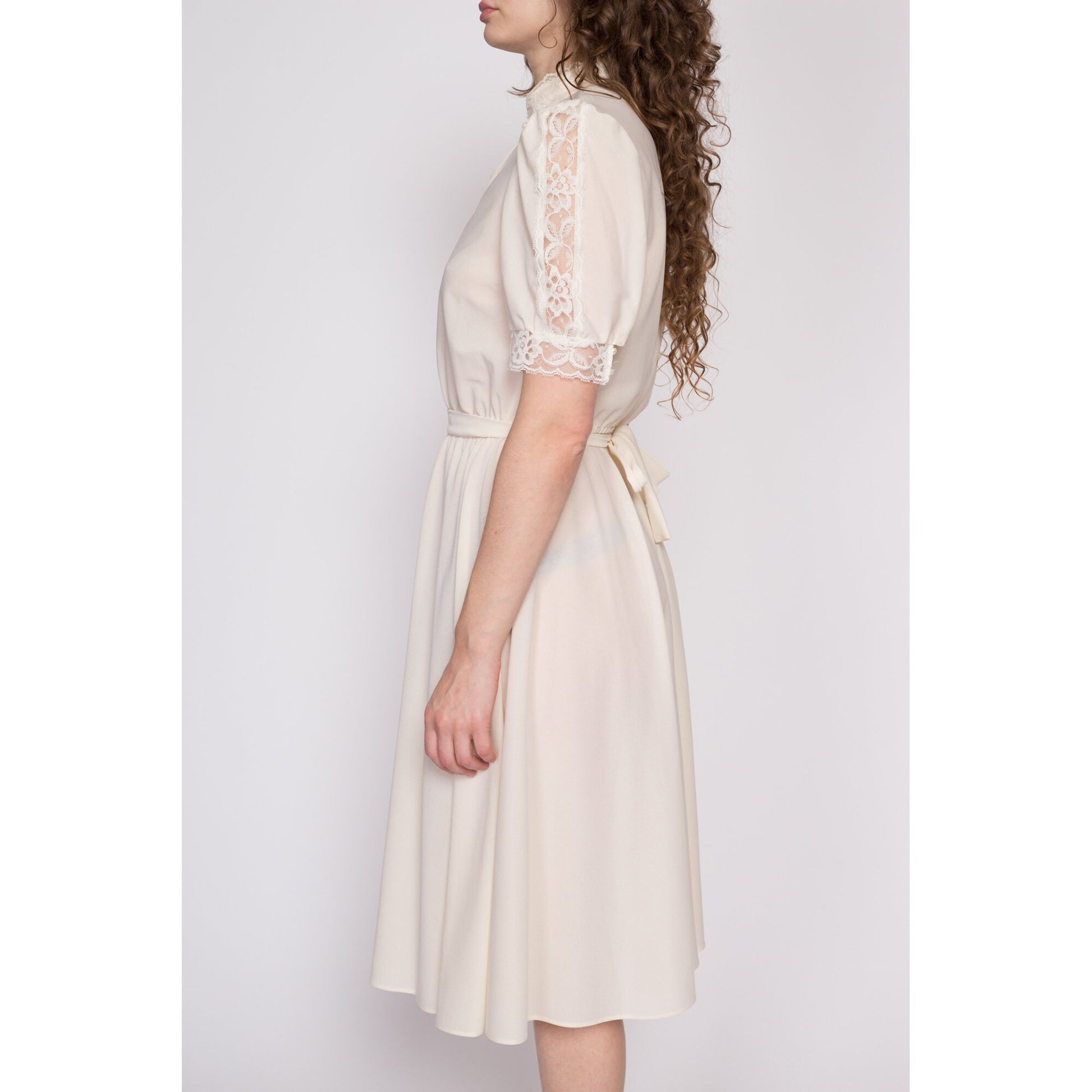 70s Sheer Cream Lace Trim Dress - Medium to Large 70s Sheer Cream Lace Trim Dress - Medium to Large