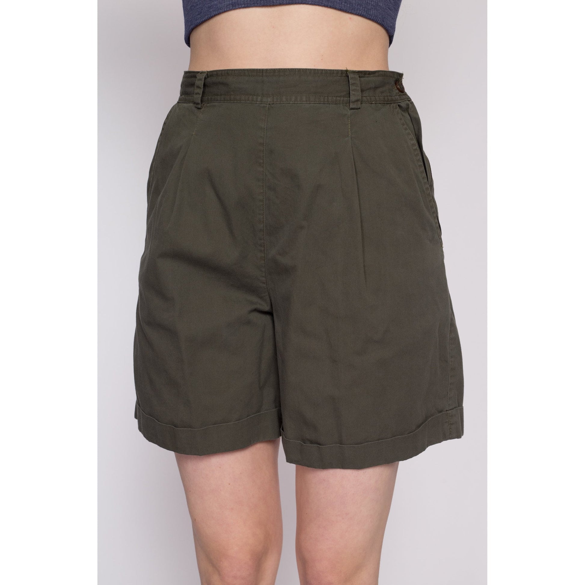 90s Olive High Waisted Pleated Shorts - Medium, 27.5" | Vintage White Stag Cuffed Mom Shorts