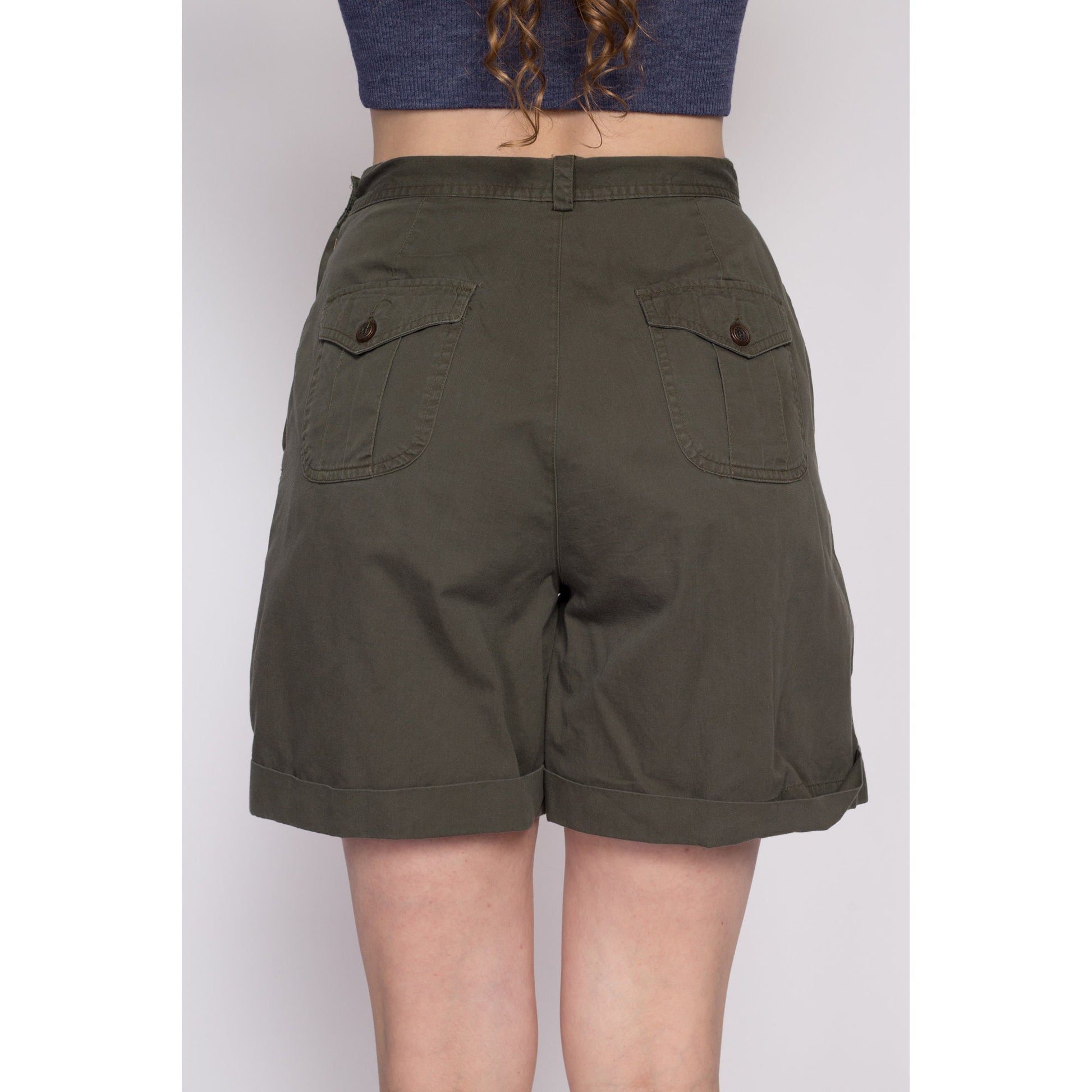 90s Olive High Waisted Pleated Shorts - Medium, 27.5" | Vintage White Stag Cuffed Mom Shorts
