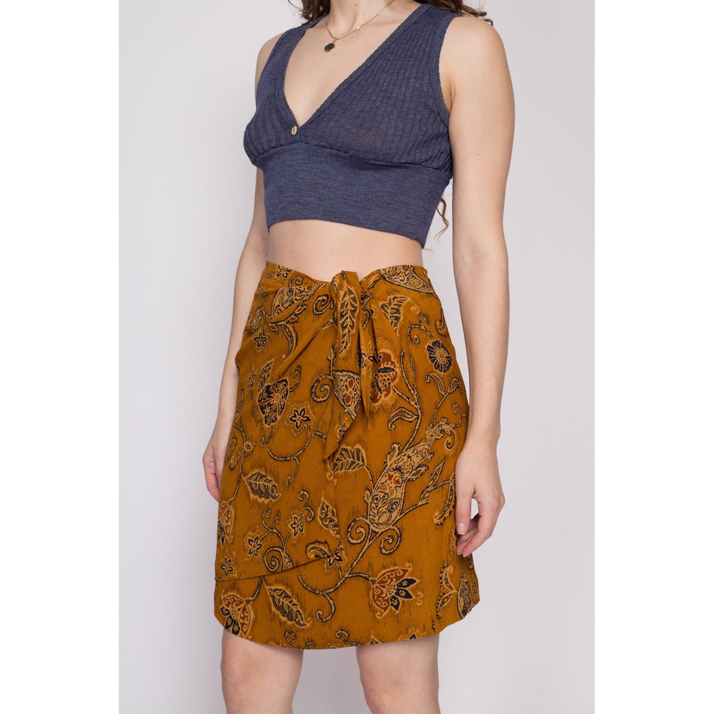Vintage Silk Floral Paisley Mini Wrap Skirt - Medium | 90s Boho Ochre A Line Miniskirt