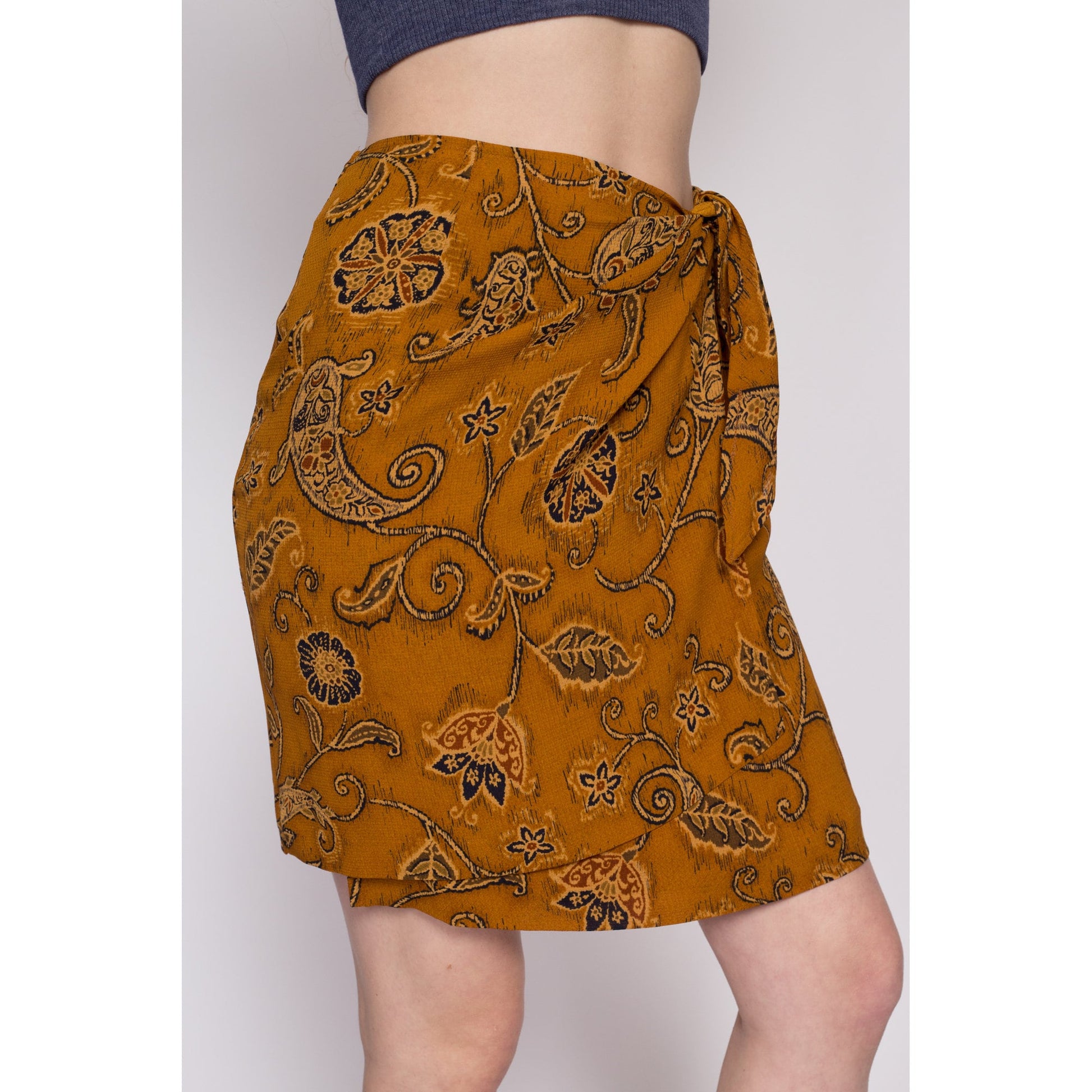 Vintage Silk Floral Paisley Mini Wrap Skirt - Medium | 90s Boho Ochre A Line Miniskirt