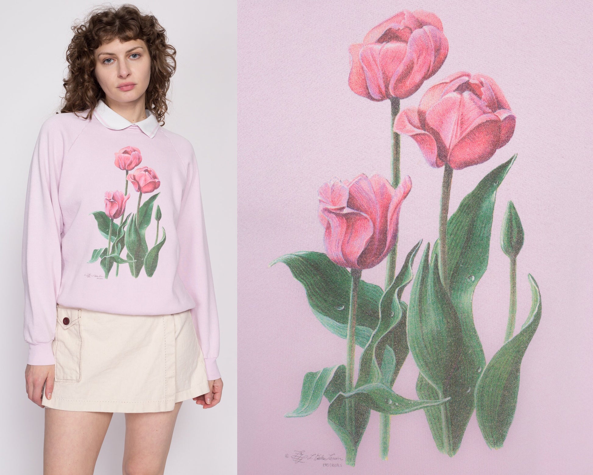 90s Tulip Flower Print Collared Sweatshirt - Large | Vintage Pink Floral Graphic Raglan Sleeve Pullover