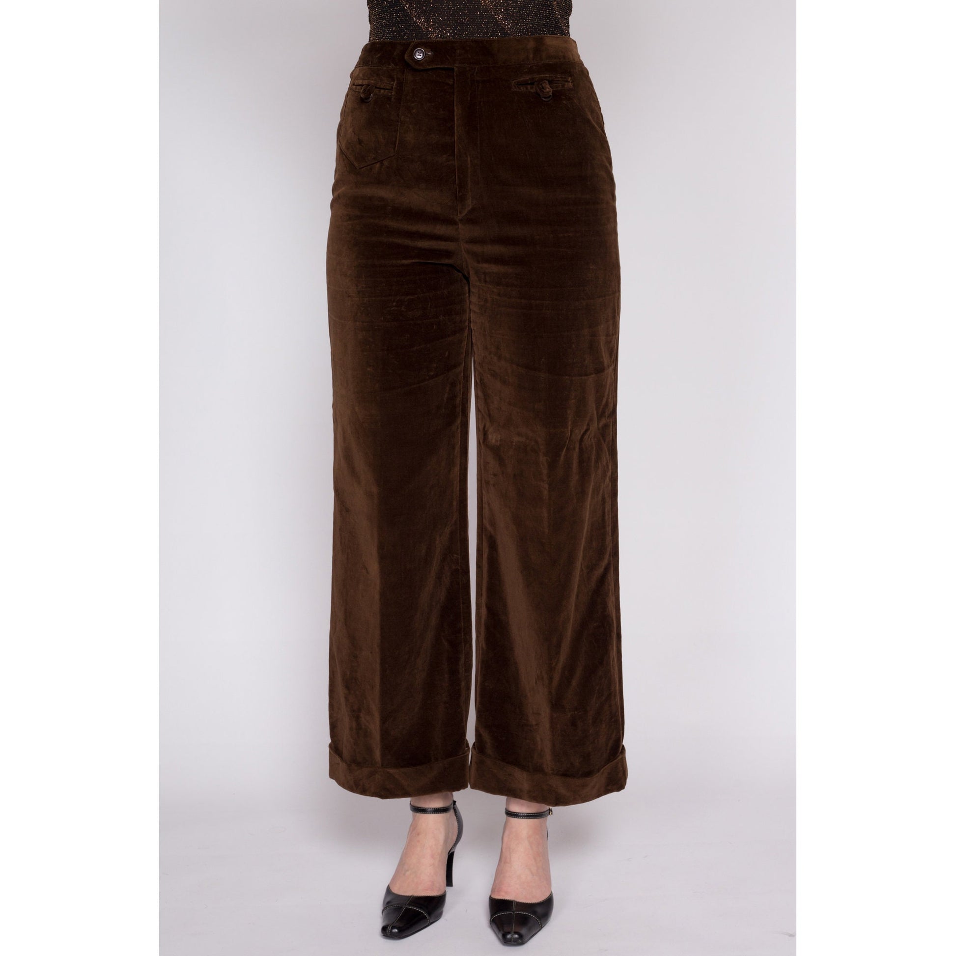 M| 70s Chocolate Brown Velvet Pants - Medium, 28" | Vintage High Waisted Wide Leg Cuffed Trousers
