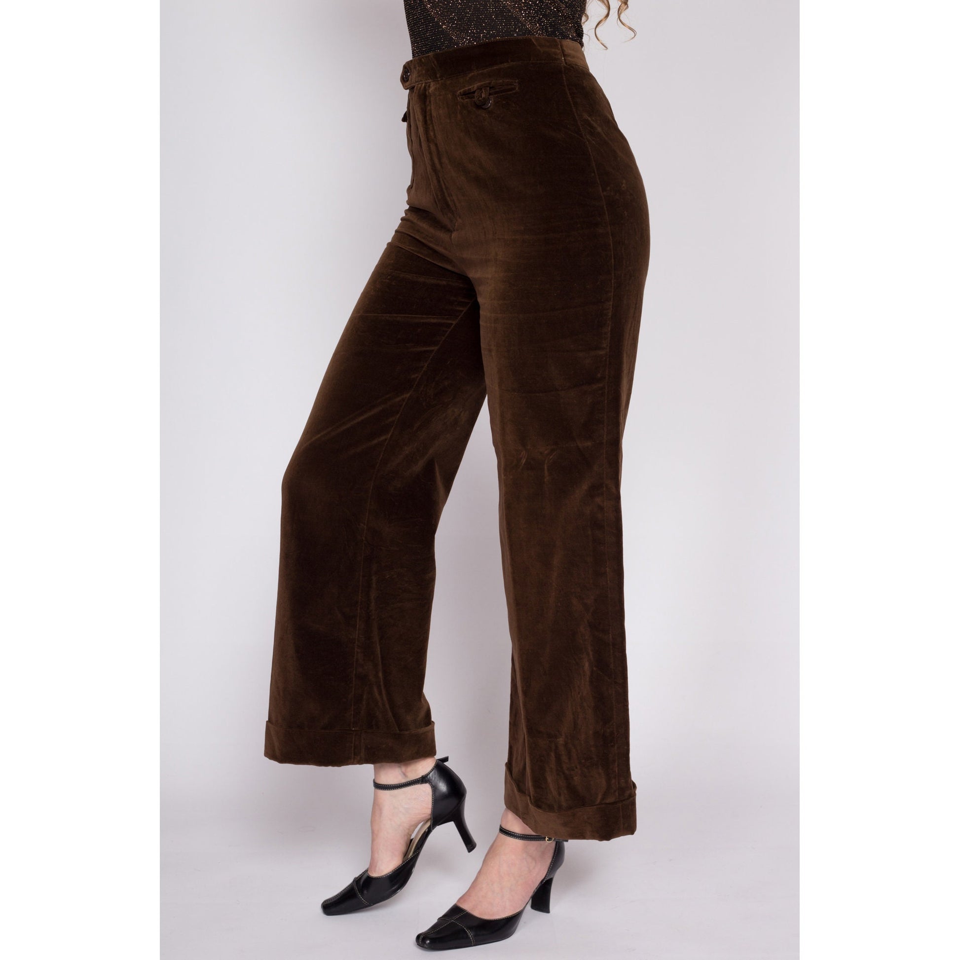 70s Chocolate Brown Velvet Pants - Medium, 28 – Flying Apple Vintage