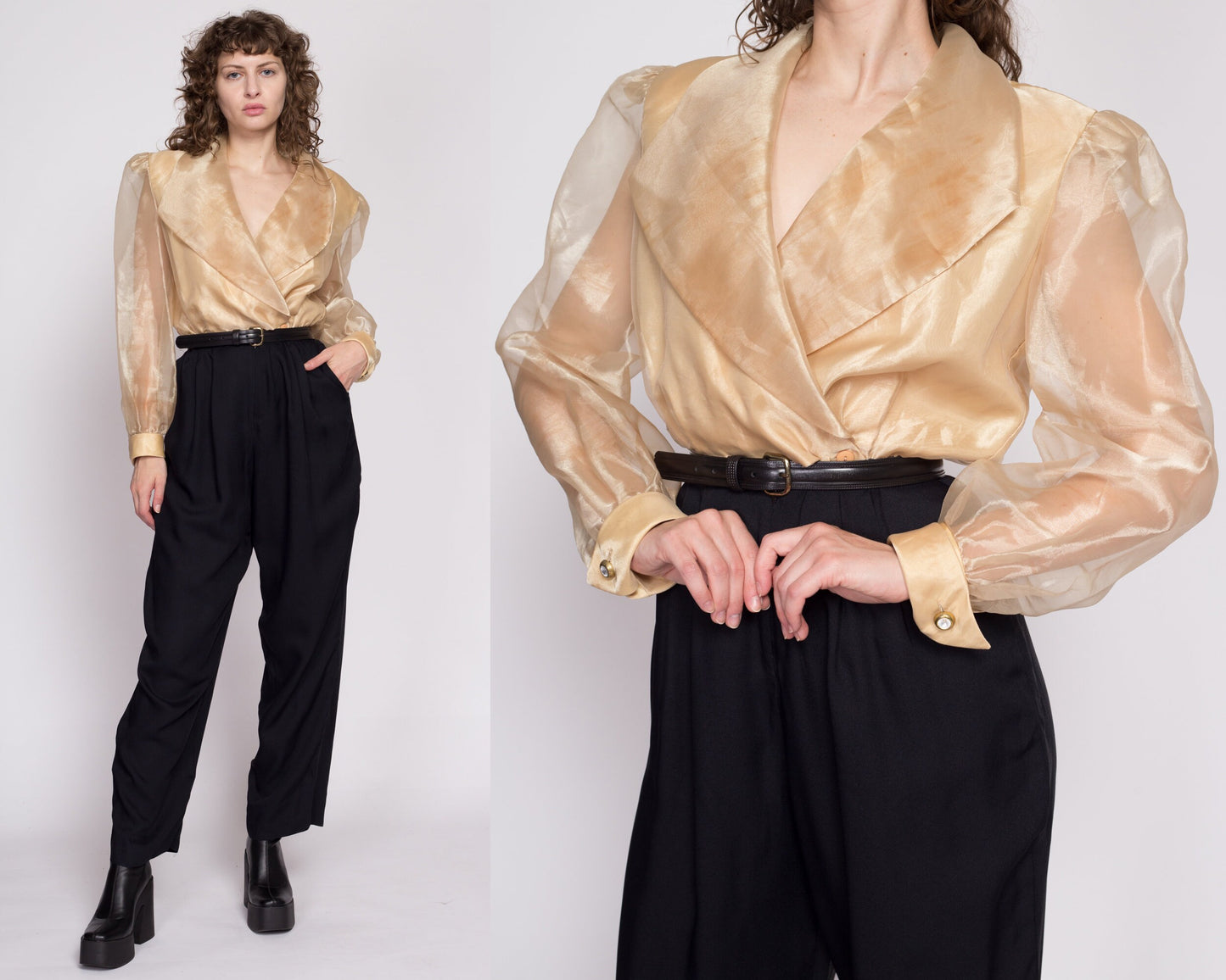 L| 80s Organza Two Tone Jumpsuit - Large | Vintage Gold Black Sheer Sleeve Collared Pantsuit