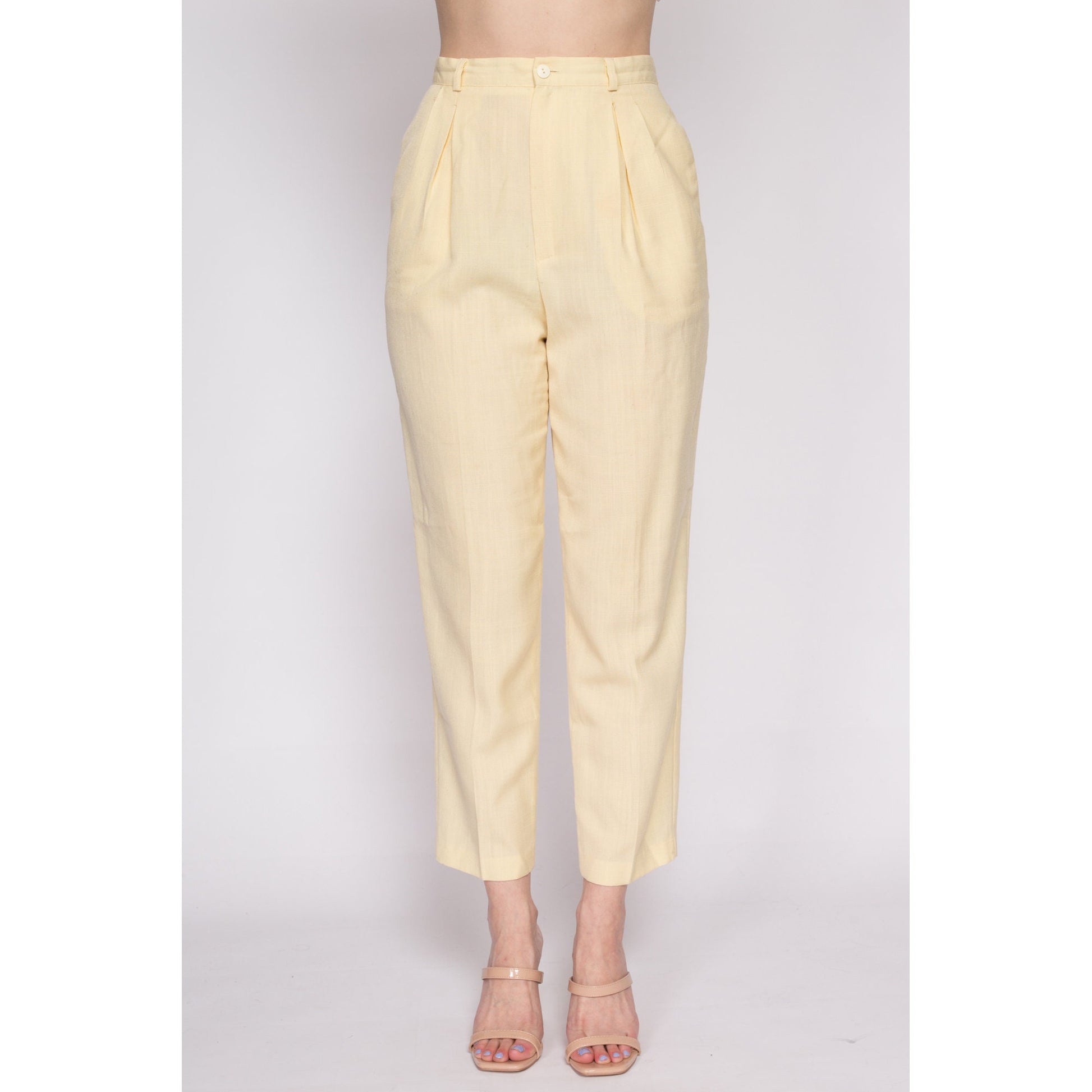 M| 80s Butter Yellow High Waisted Trousers - Medium, 27.5" | Vintage Pleated Tapered Leg Pants