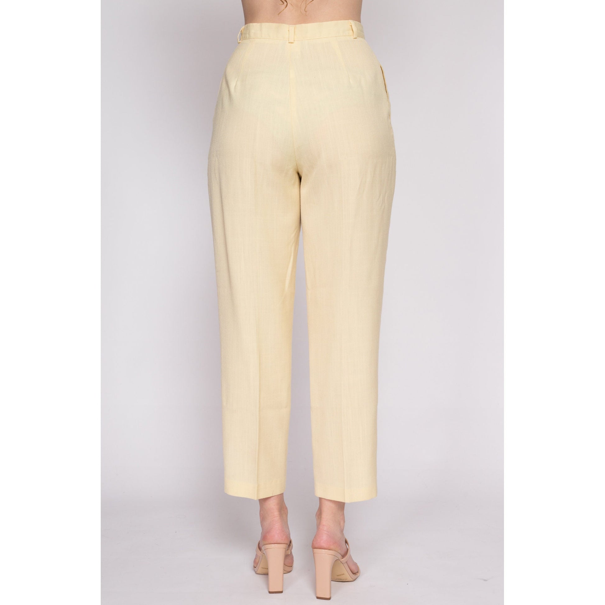 M| 80s Butter Yellow High Waisted Trousers - Medium, 27.5" | Vintage Pleated Tapered Leg Pants