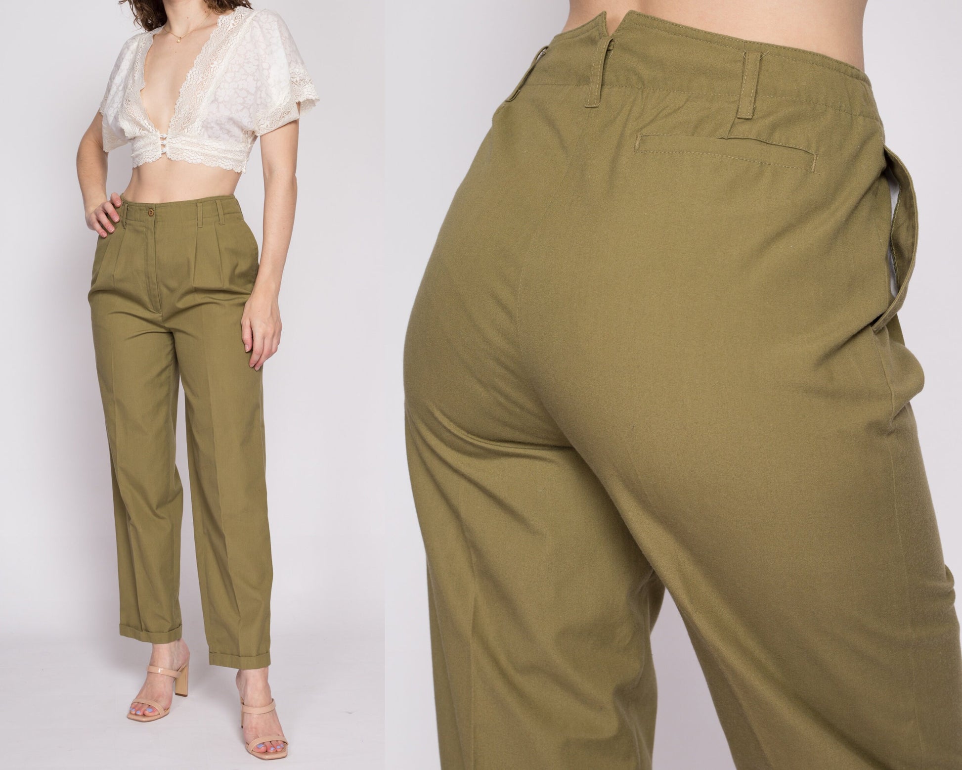 80s Olive High Waisted Trousers - Medium, 28 – Flying Apple Vintage