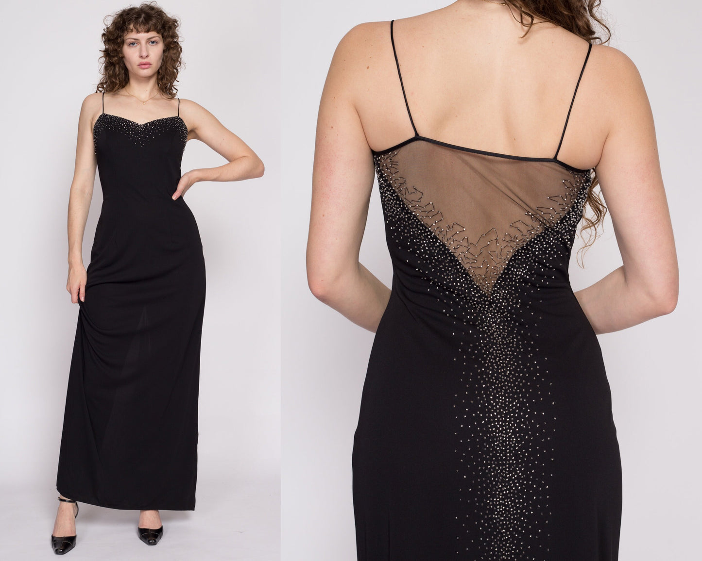 S-M| 90s Dave & Johnny Black Beaded Sheer Low Back Maxi Dress - Small to Medium | Vintage Spaghetti Strap Sleeveless Slinky Sexy Formal Gown