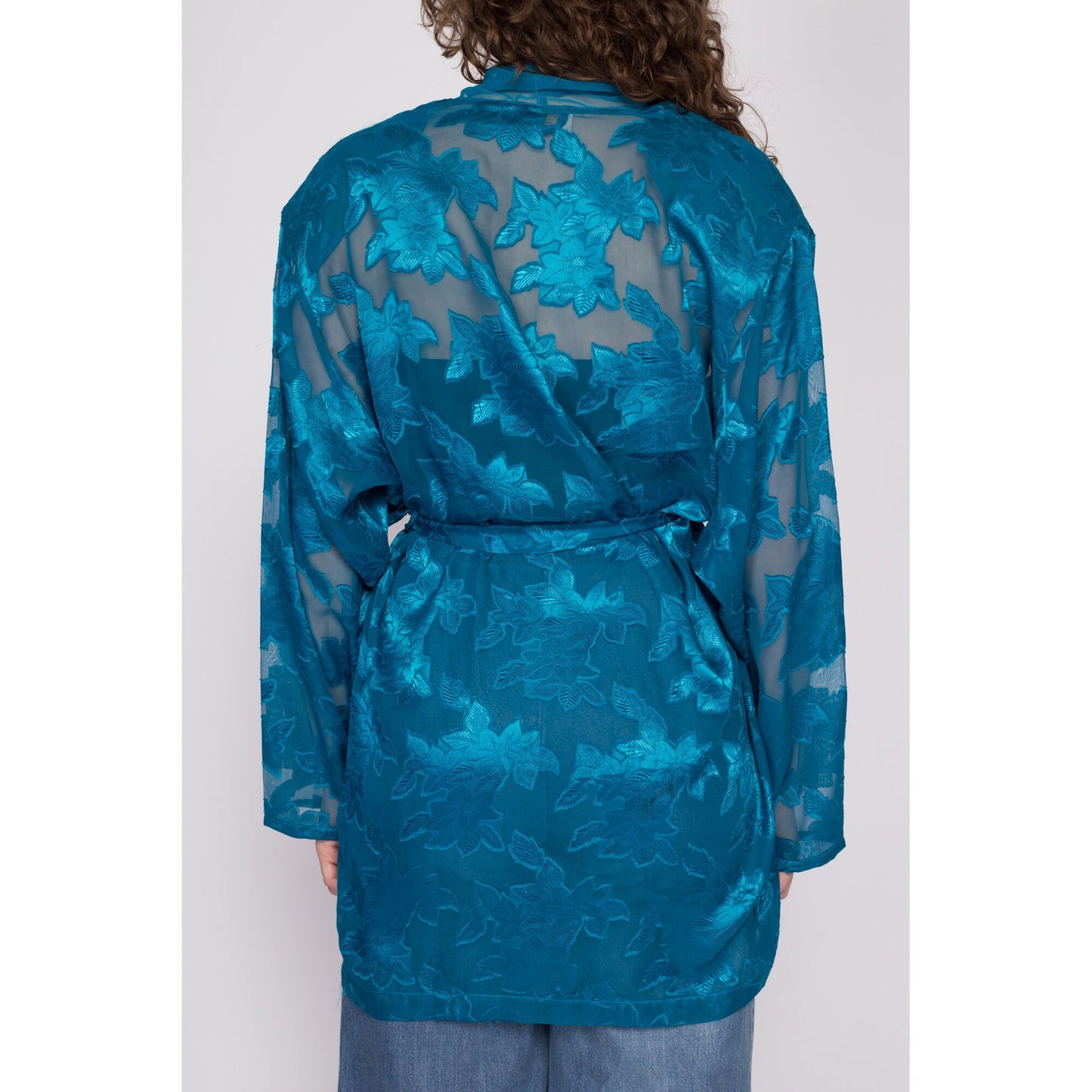 L| 90s Victoria's Secret Sheer Blue Jacquard Robe - Large | Vintage Floral Chiffon Boho Loungewear Kimono